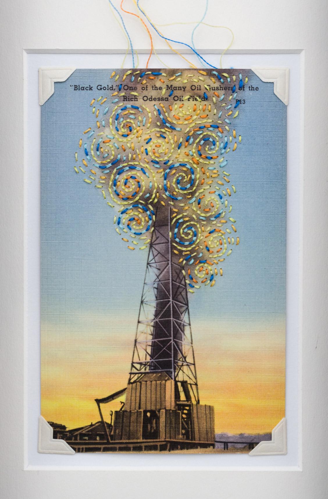 "Schwarzes Gold" Handstickerei auf Vintage Ölbohrinsel Postkarte