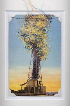 "Schwarzes Gold" Handstickerei auf Vintage Ölbohrinsel Postkarte