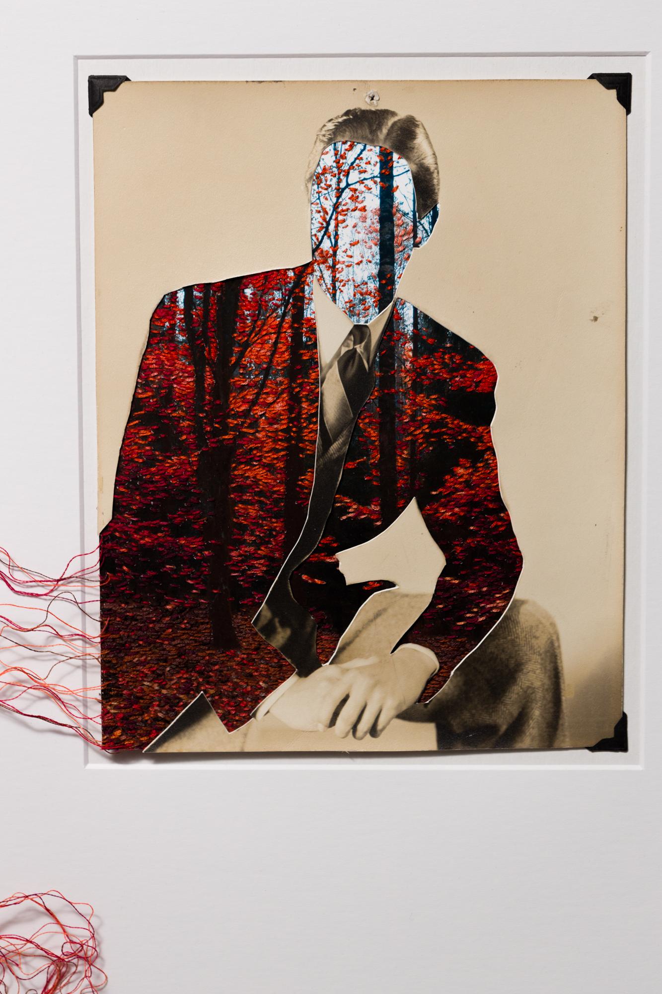 „Fallen“, figurativ, Porträt, Stickerei auf Vintage-Fotografie  (Zeitgenössisch), Mixed Media Art, von Han Cao