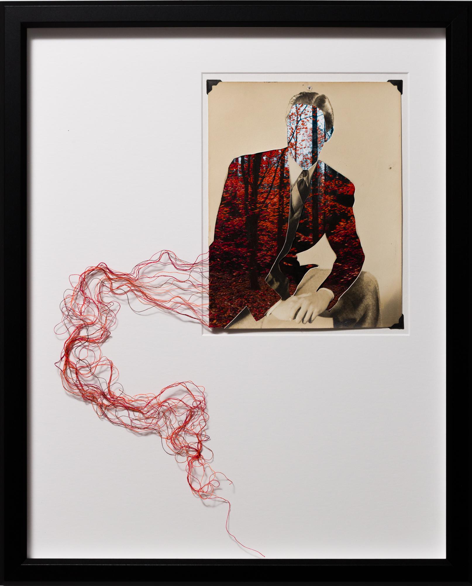 „Fallen“, figurativ, Porträt, Stickerei auf Vintage-Fotografie – Mixed Media Art von Han Cao