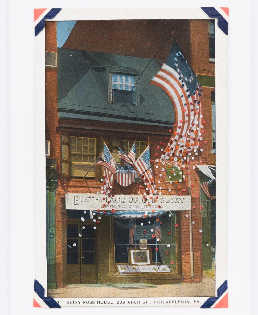 Handstickerei "Old Glory" mit französischen Knoten und historischen Bildern