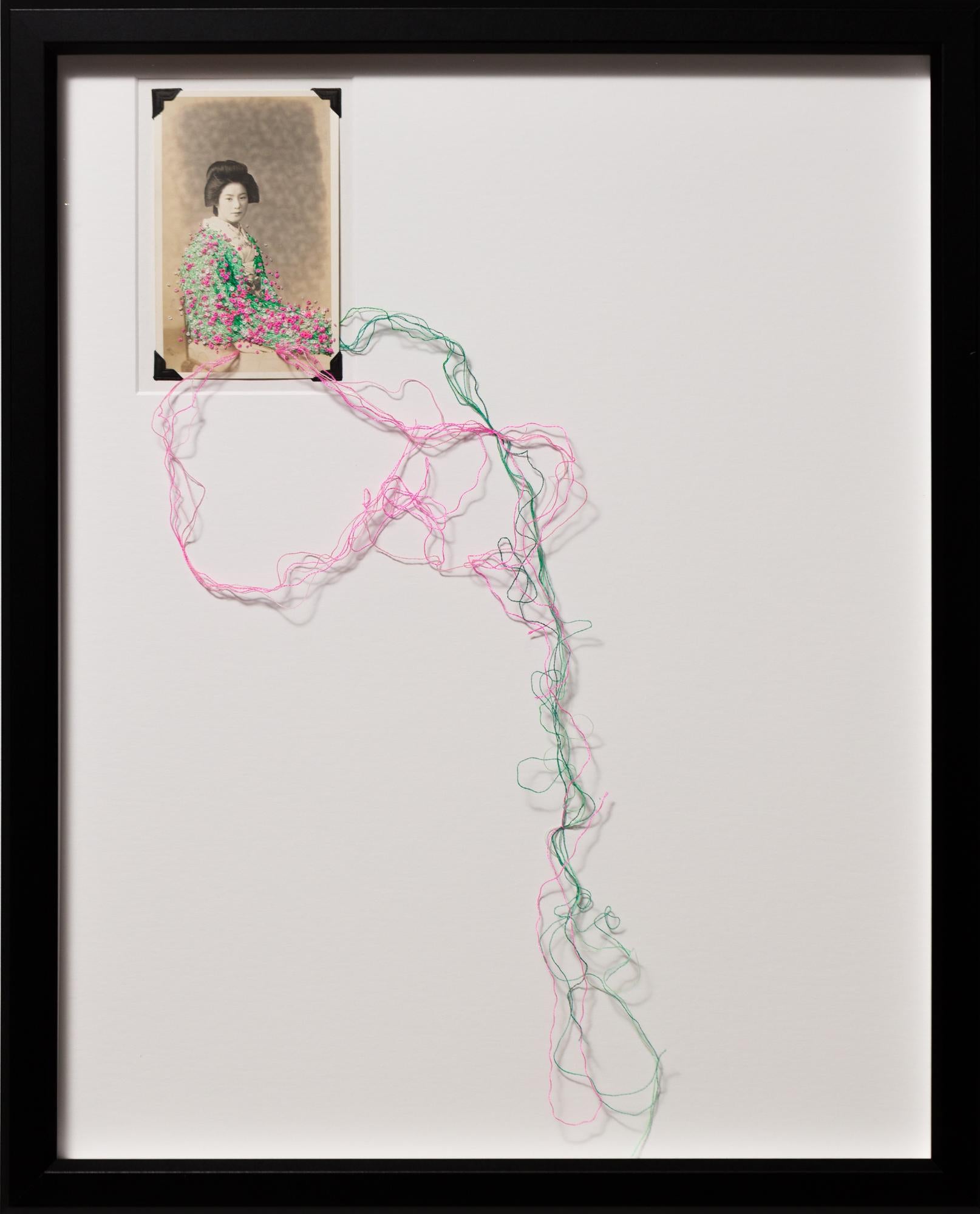 "Sakura" Portait, Figurative, Embroidery on Vintage Photograph  - Mixed Media Art by Han Cao