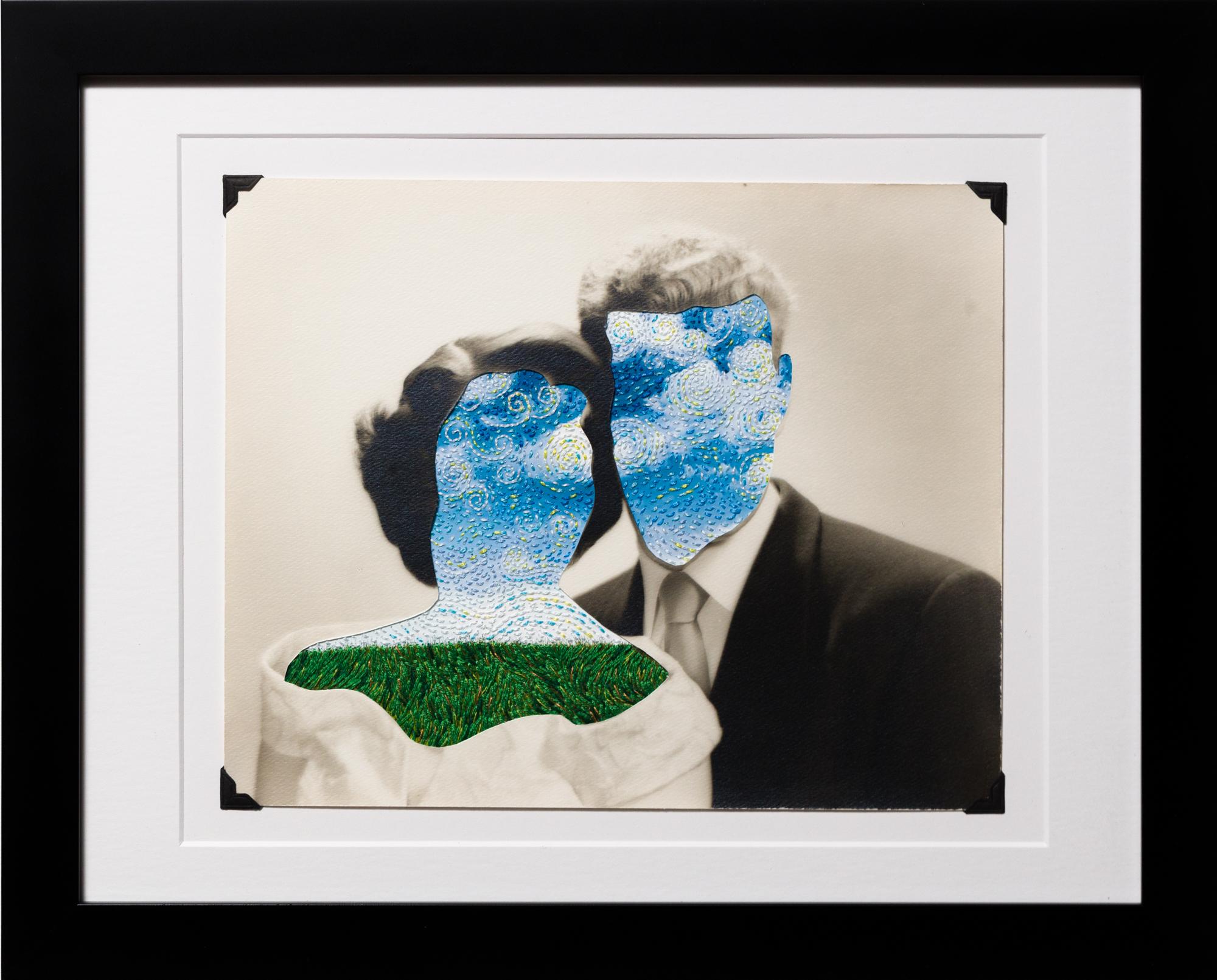 "The Sky-Crossed Lovers" Figurative, Embroidery on Vintage Photograph  - Mixed Media Art by Han Cao