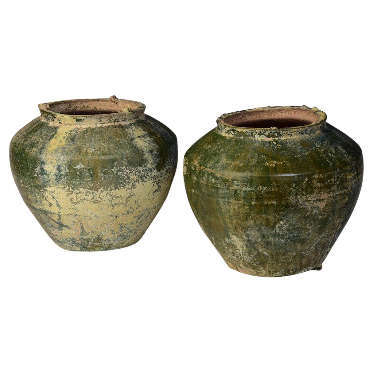 Dynastie Han, paire de jarres anciennes en poterie chinoise à glaçure verte