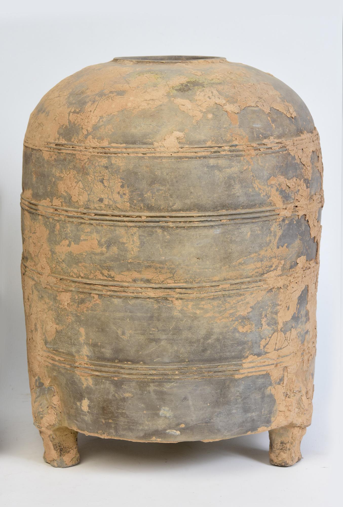 Hand-Carved Han Dynasty, A Pair of Antique Chinese Pottery Granary Jars