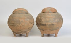 Han Dynasty, A Pair of Antique Chinese Pottery Round Jars with Lids