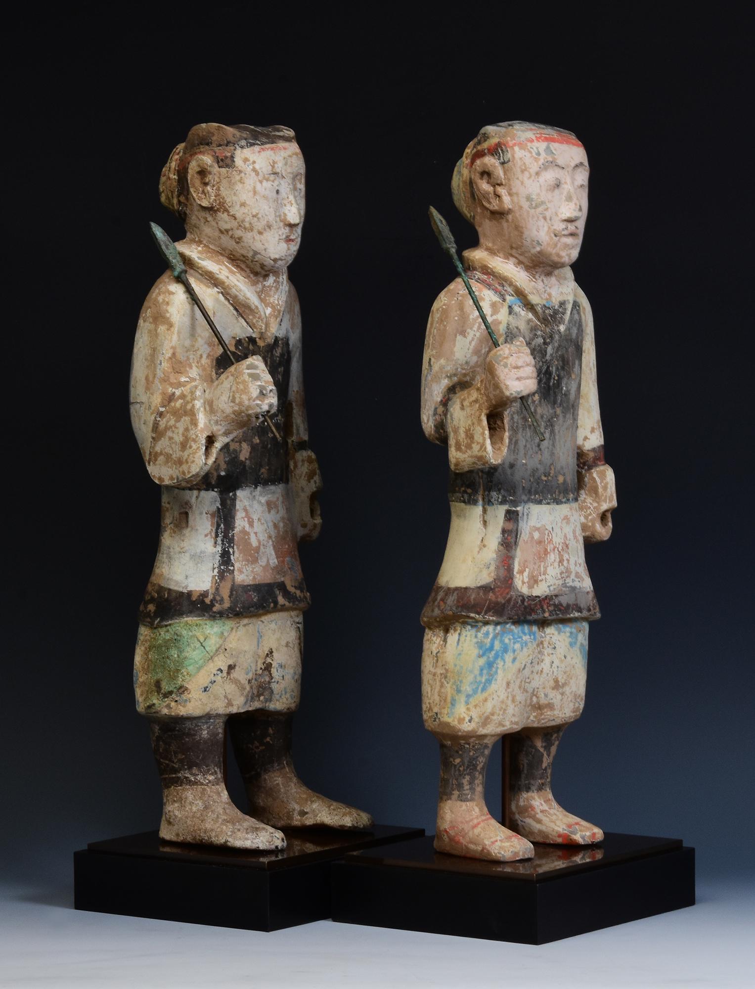 Han Dynasty, A Pair of Antique Chinese Pottery Warriors Holding Bronze Spear 12