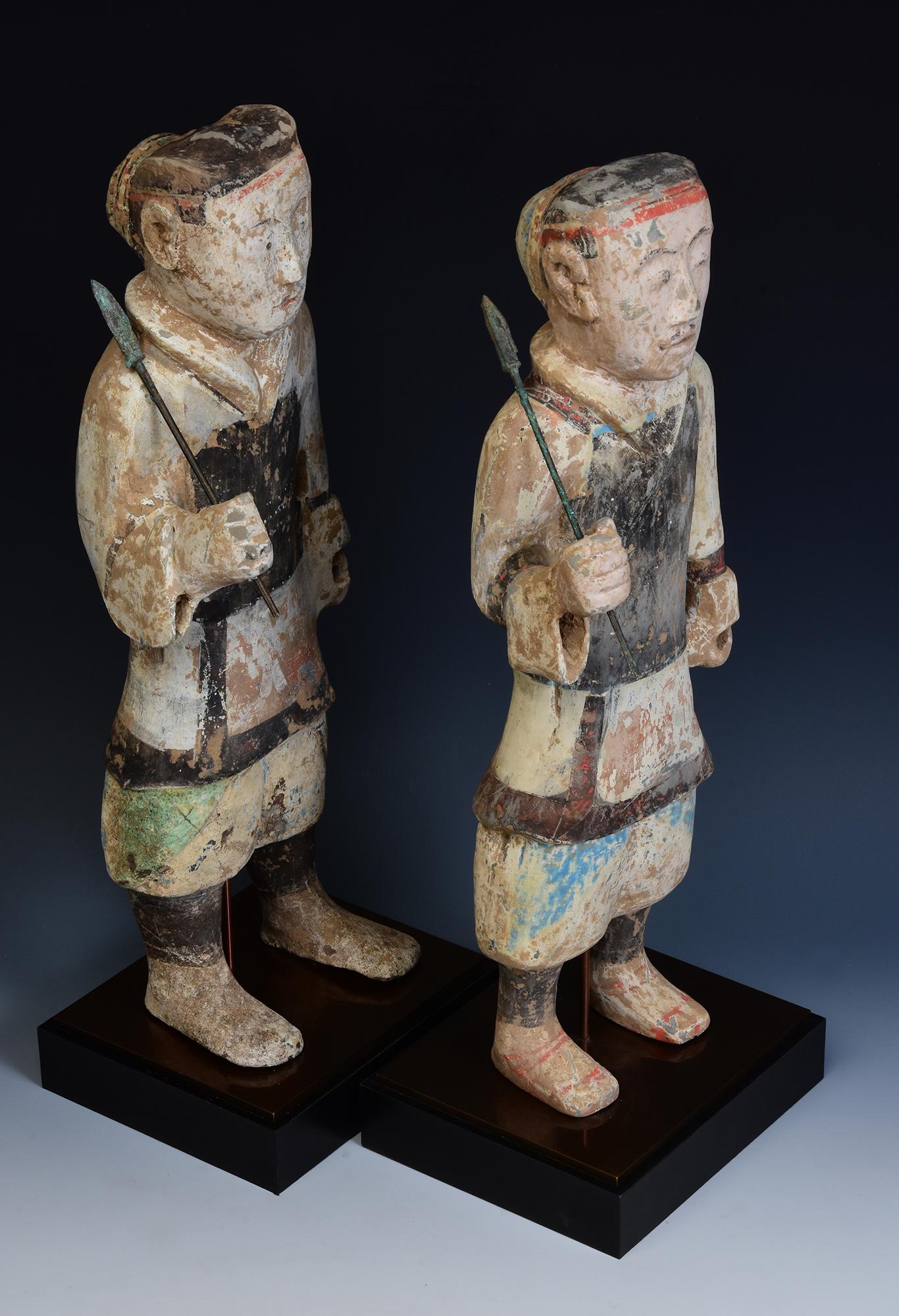 Han Dynasty, A Pair of Antique Chinese Pottery Warriors Holding Bronze Spear 13