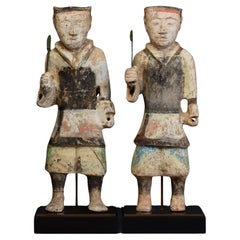 Han Dynasty, A Pair of Antique Chinese Pottery Warriors Holding Bronze Spear
