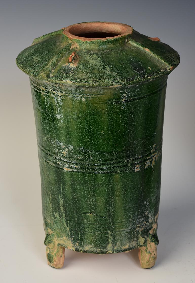 Hand-Carved Han Dynasty, A Pair of Antique Chinese Green Glazed Pottery Granary Jars