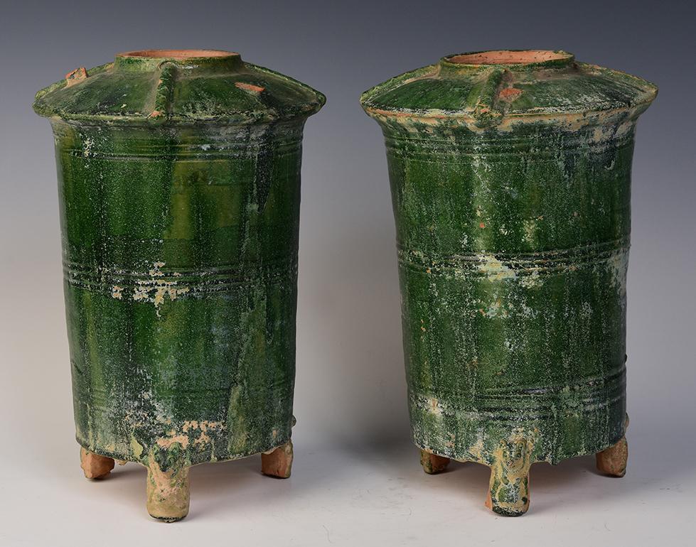 18th Century and Earlier Han Dynasty, A Pair of Antique Chinese Green Glazed Pottery Granary Jars