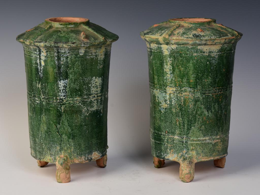 Han Dynasty, A Pair of Antique Chinese Green Glazed Pottery Granary Jars 2