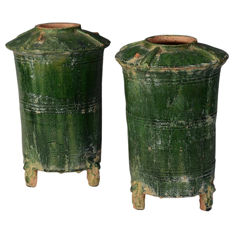 Han Dynasty, A Pair of Antique Chinese Green Glazed Pottery Granary Jars
