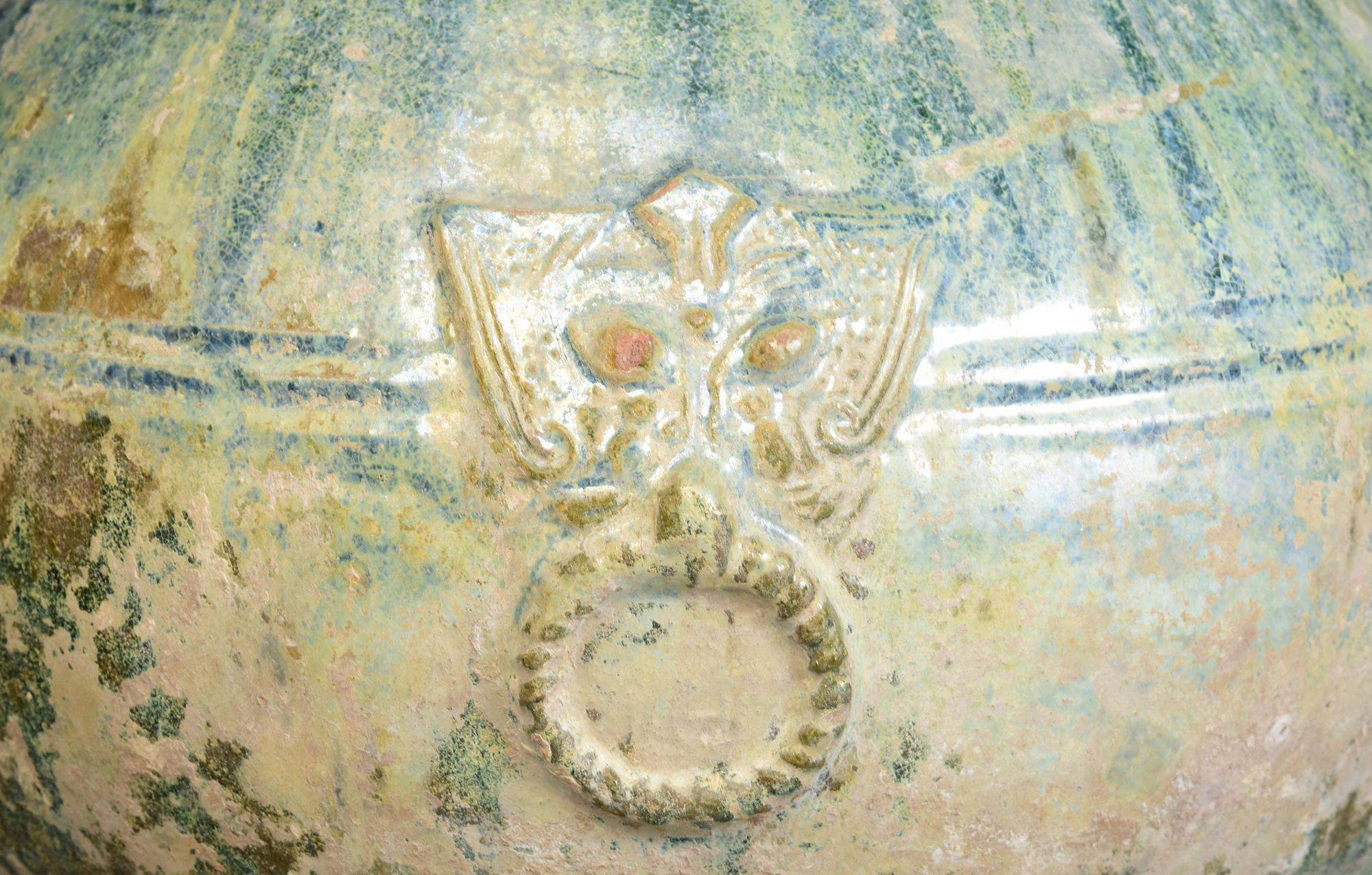 Han Dynasty, Antique Chinese Green Glazed Pottery Hu Jar with Silvery Surface 6