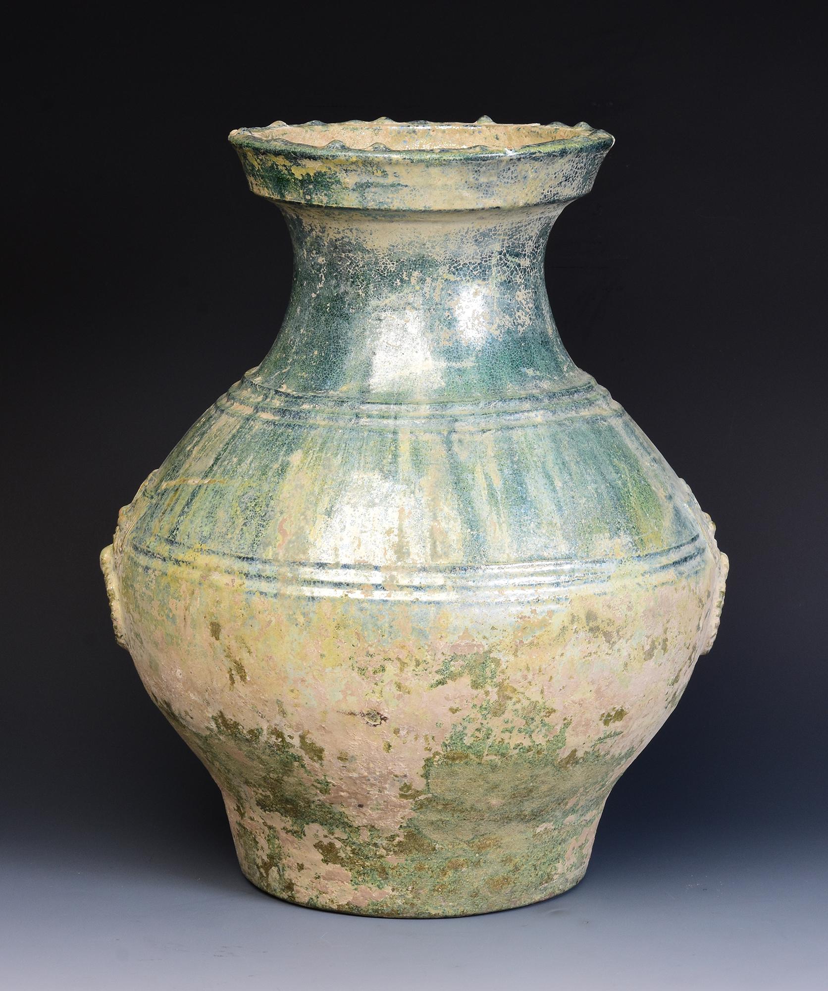 Han Dynasty, Antique Chinese Green Glazed Pottery Hu Jar with Silvery Surface 7