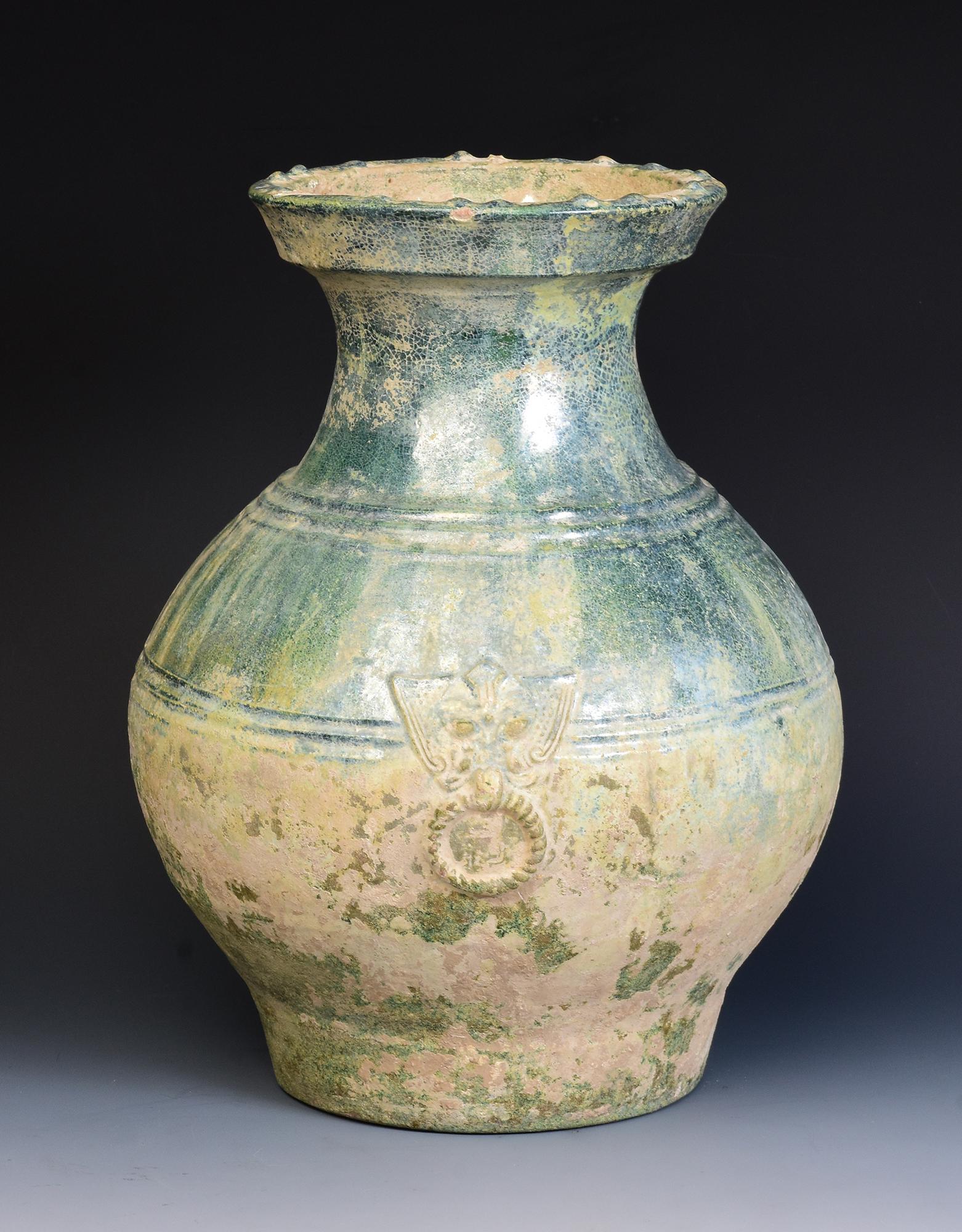 Han Dynasty, Antique Chinese Green Glazed Pottery Hu Jar with Silvery Surface 8