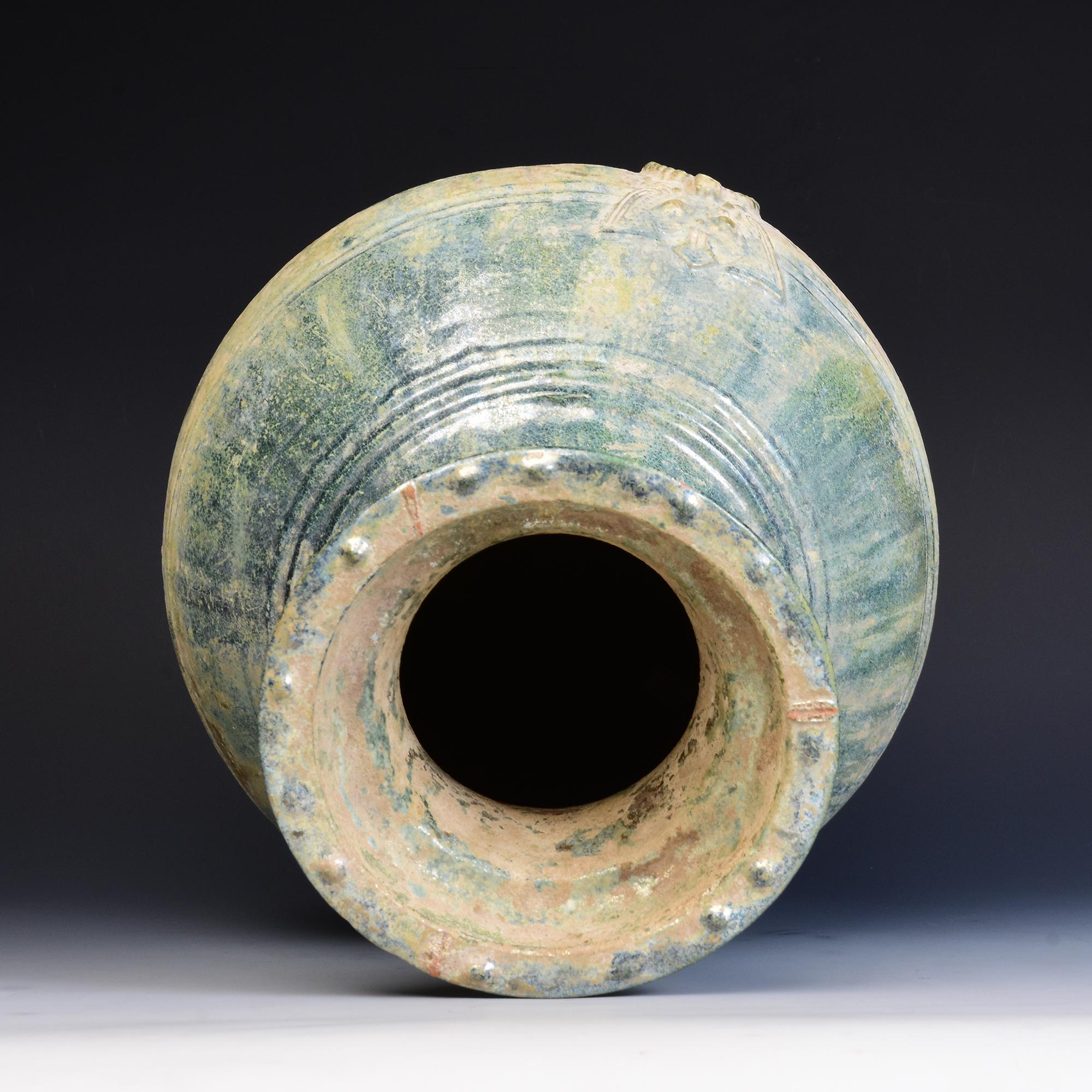 Han Dynasty, Antique Chinese Green Glazed Pottery Hu Jar with Silvery Surface 9