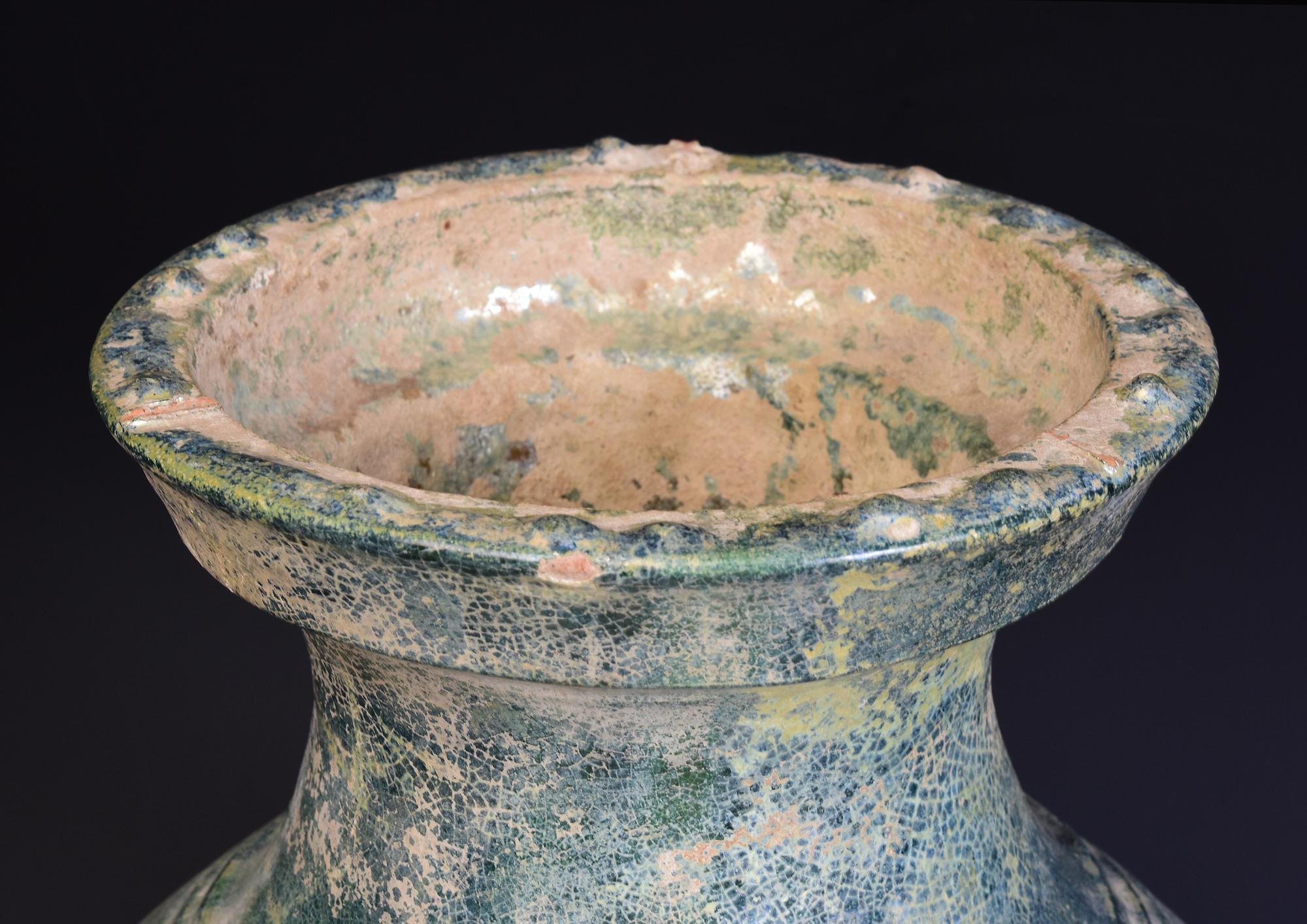 Han Dynasty, Antique Chinese Green Glazed Pottery Hu Jar with Silvery Surface In Good Condition In Sampantawong, TH