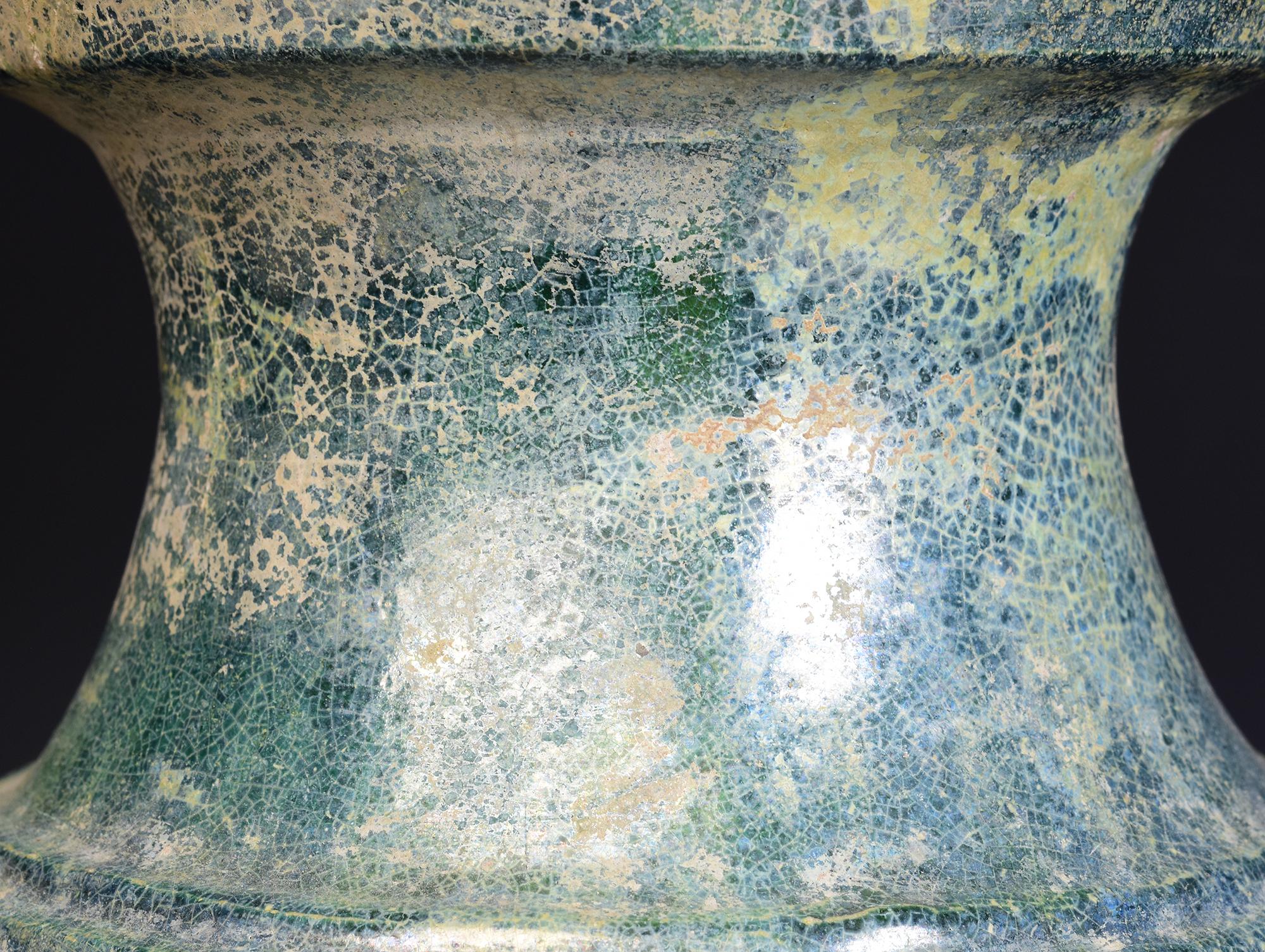 18th Century and Earlier Han Dynasty, Antique Chinese Green Glazed Pottery Hu Jar with Silvery Surface