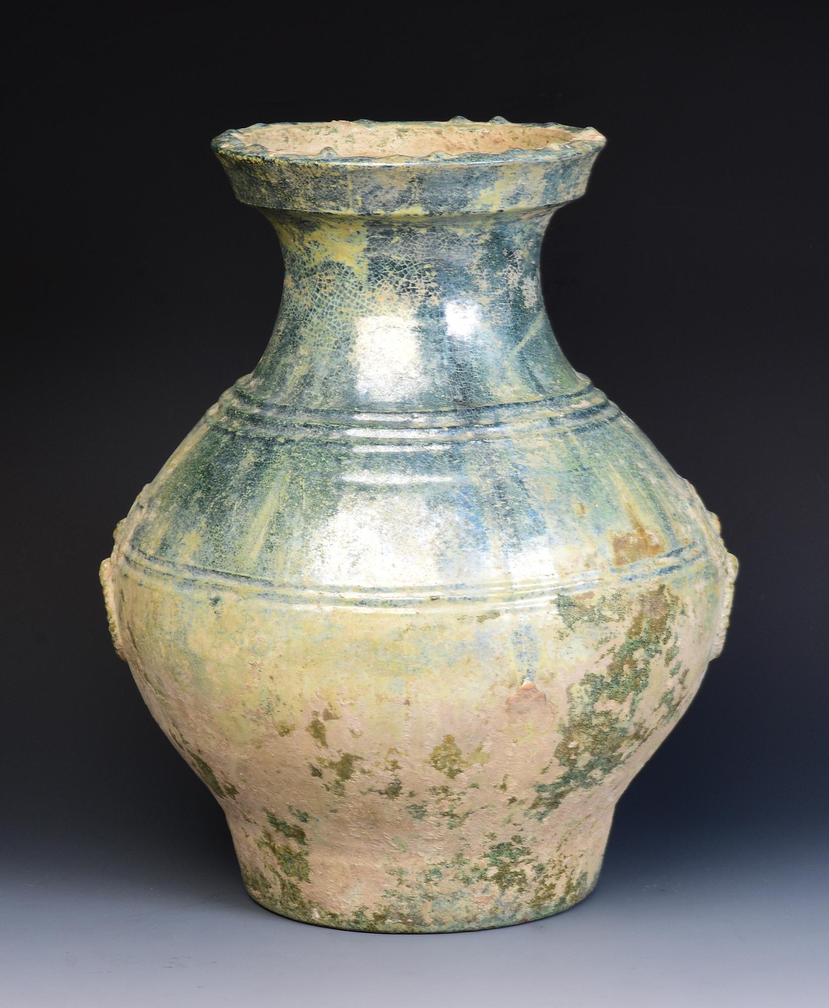 Han Dynasty, Antique Chinese Green Glazed Pottery Hu Jar with Silvery Surface 3