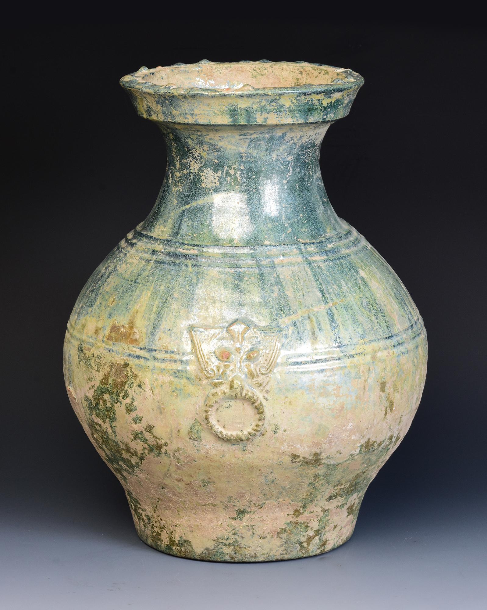 Han Dynasty, Antique Chinese Green Glazed Pottery Hu Jar with Silvery Surface 4