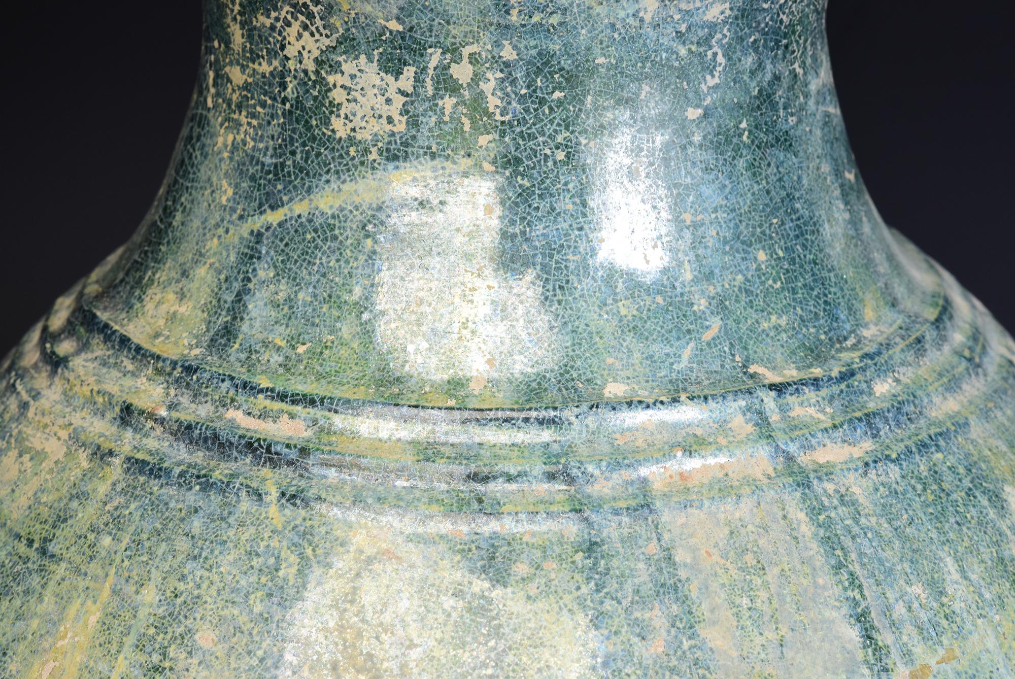 Han Dynasty, Antique Chinese Green Glazed Pottery Hu Jar with Silvery Surface 5