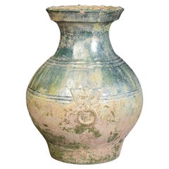 Han Dynasty, Antique Chinese Green Glazed Pottery Hu Jar with Silvery Surface