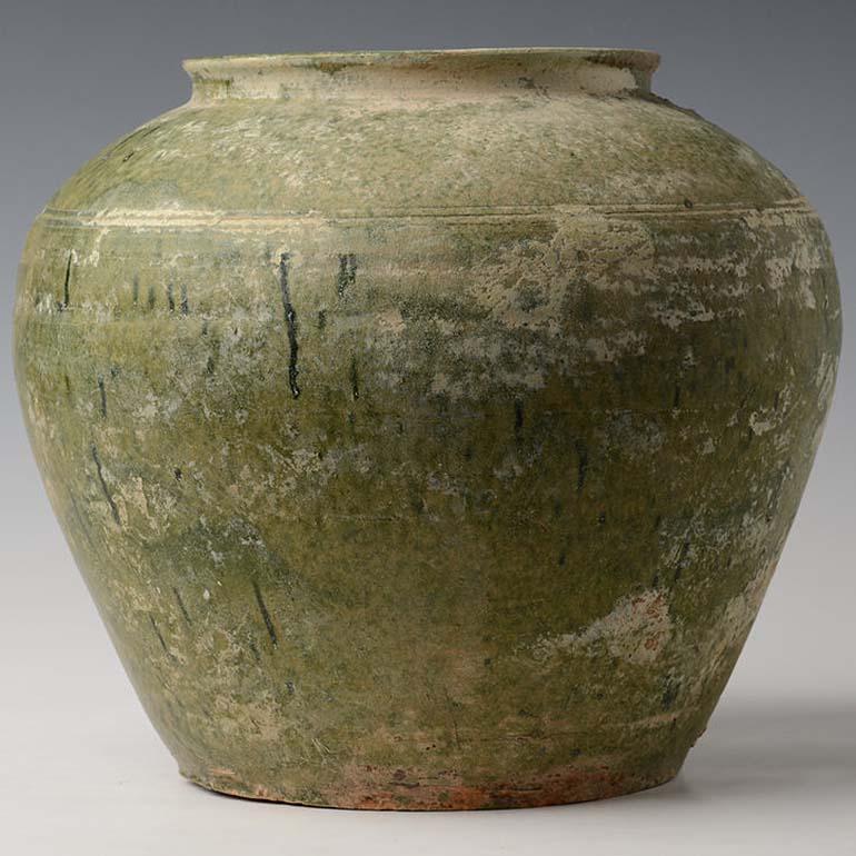 Hand-Carved Han Dynasty, Antique Chinese Green Glazed Pottery Jar For Sale