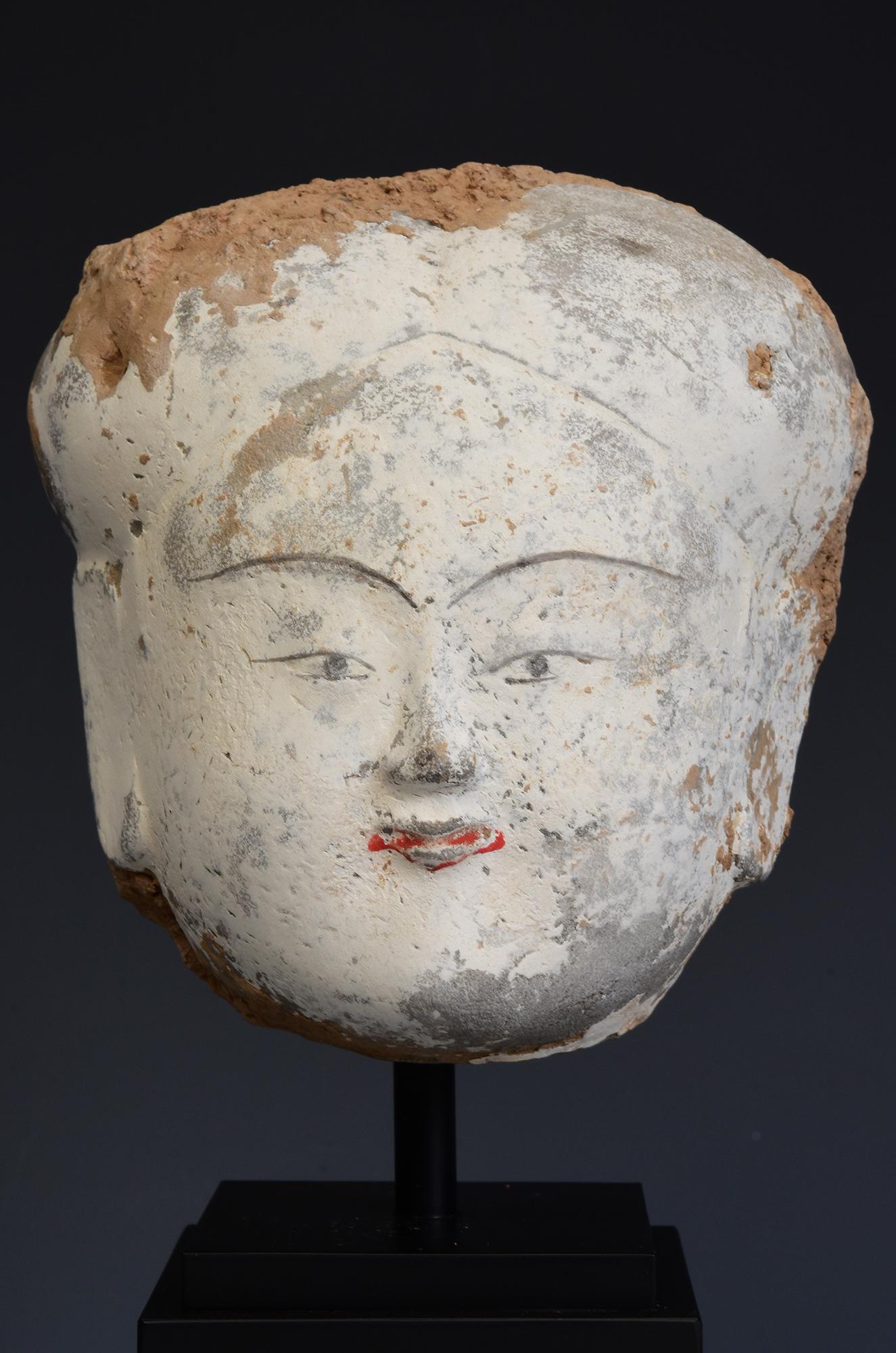 Hand-Carved Han Dynasty, Antique Chinese Pottery Head of Court Lady with Stand