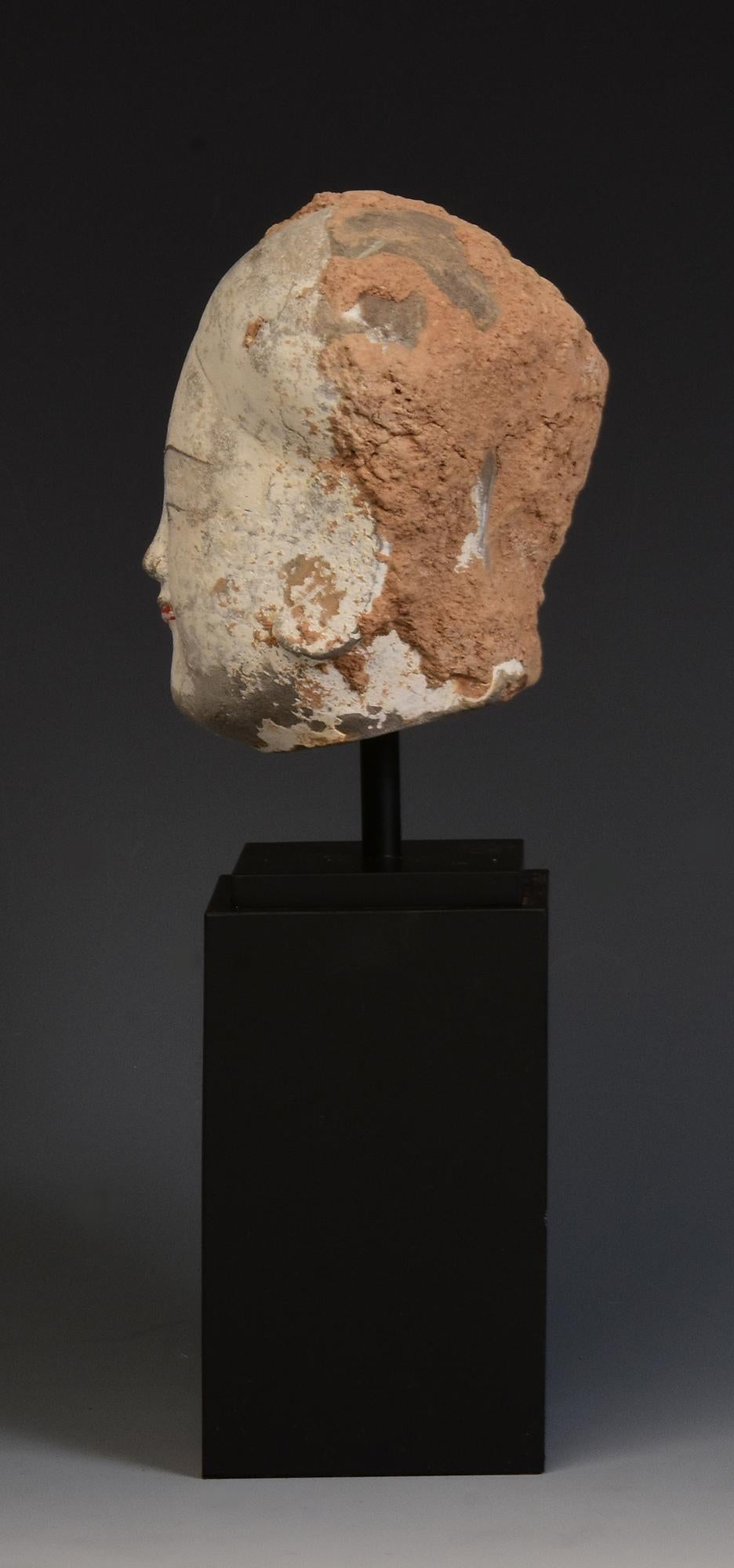 18th Century and Earlier Han Dynasty, Antique Chinese Pottery Head of Court Lady with Stand