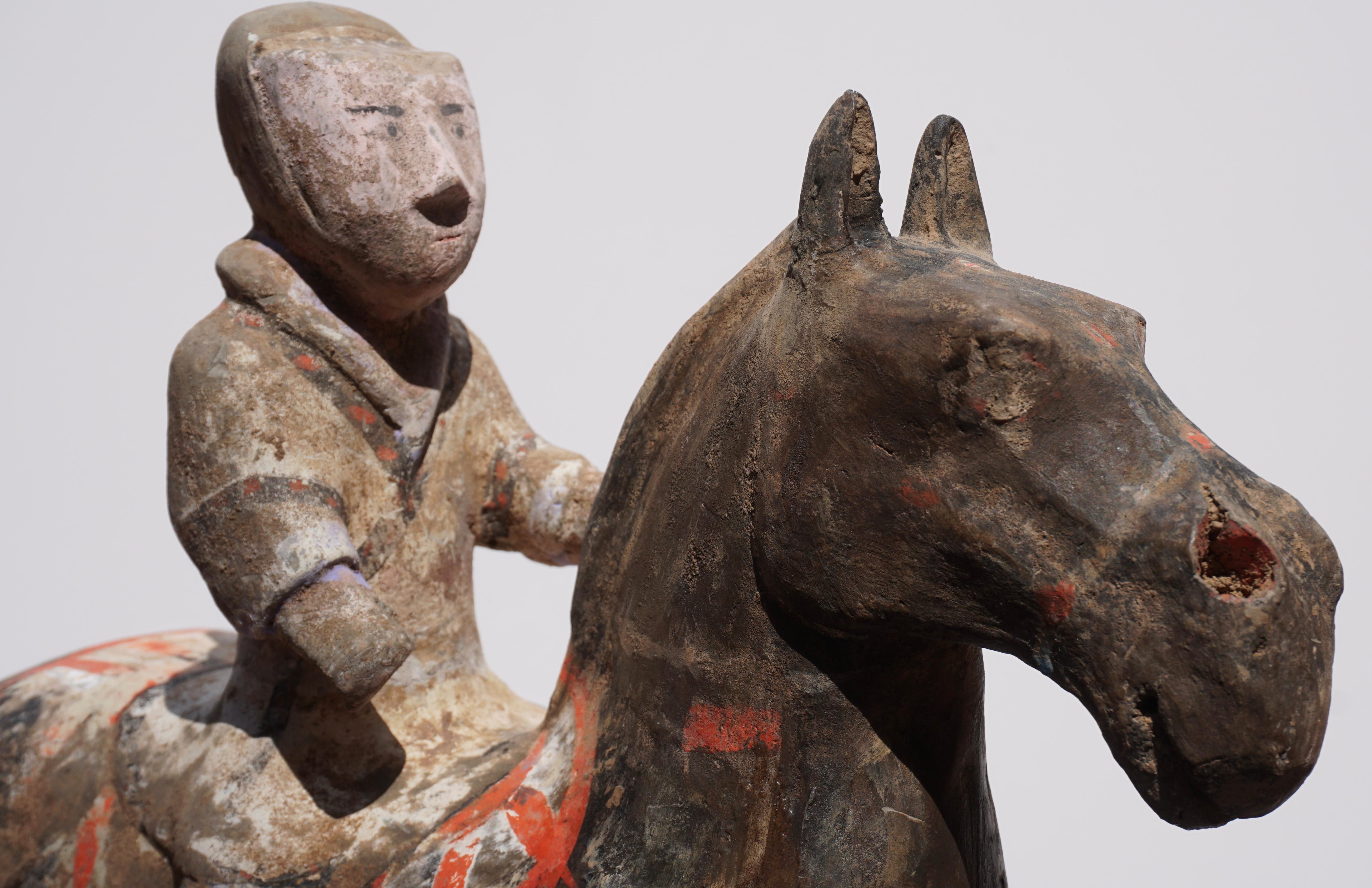 Han Dynasty Grey Pottery Horse and Rider, '206 BC-220 AD', TL Test In Good Condition In Dallas, TX