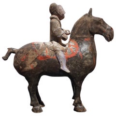 Cheval et cavalier en poterie grise de la dynastie Han:: '206 BC-220 AD':: test TL