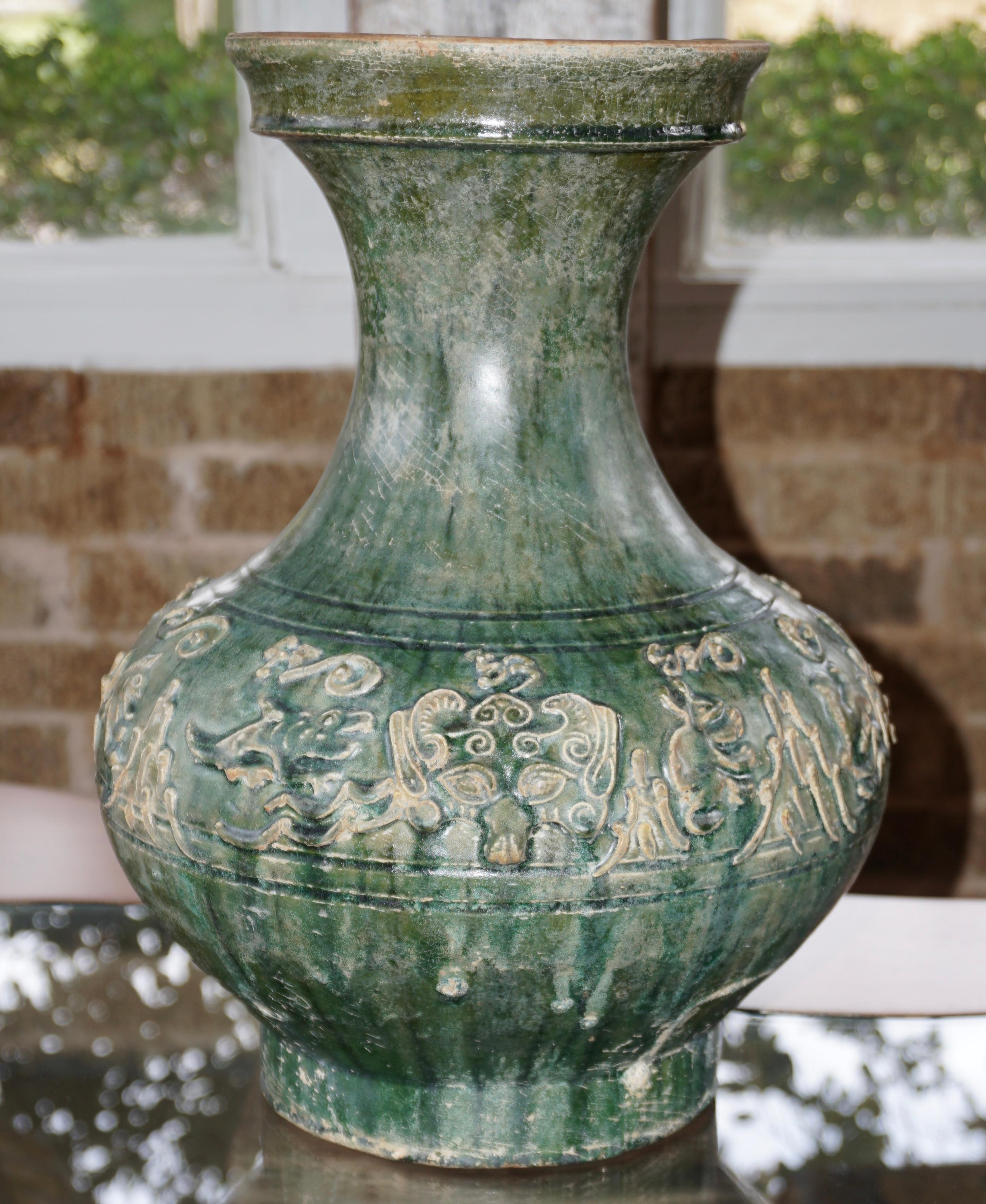 Large Han Dynasty Hu Green Glazed Mythical Beasts Vessel For Sale 1