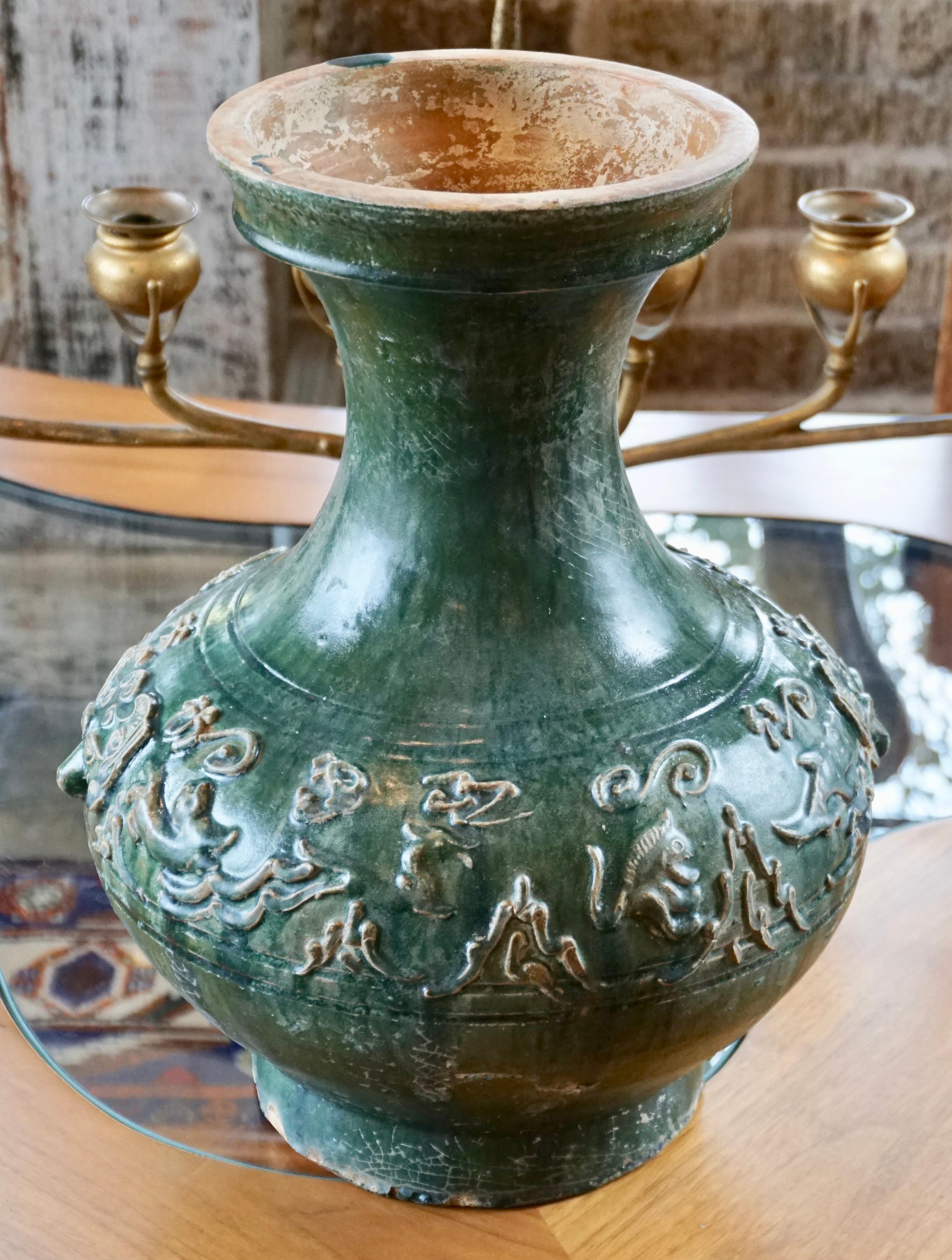 18th Century and Earlier Large Han Dynasty Hu Green Glazed Mythical Beasts Vessel For Sale