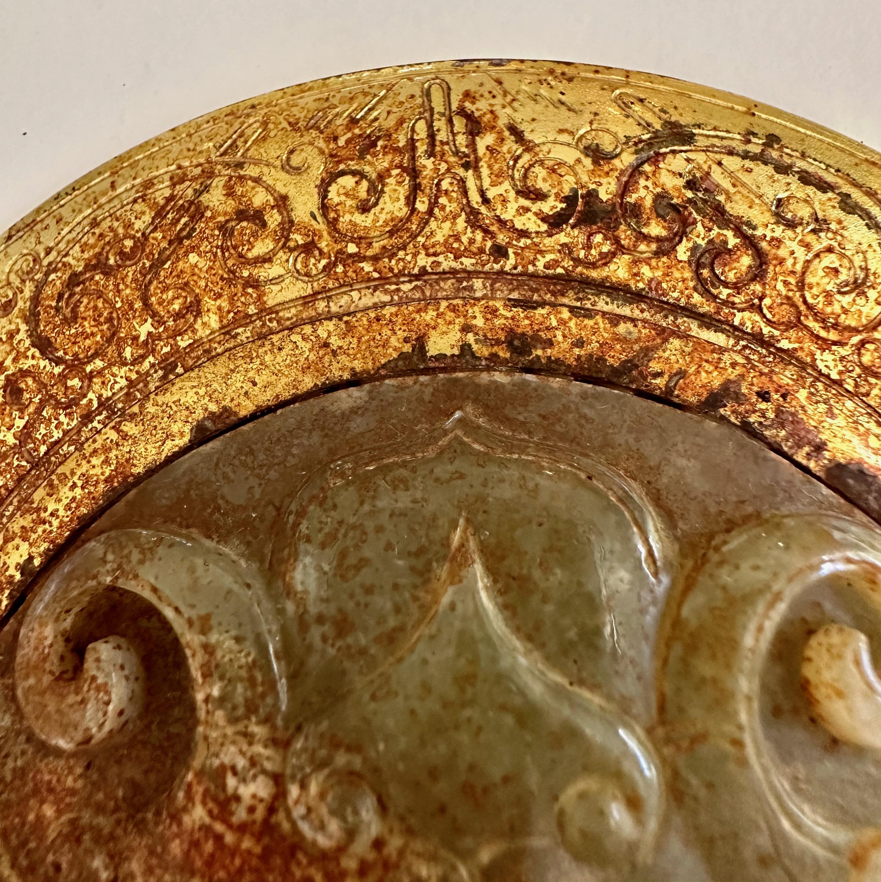 Han Dynasty Jade and Gilt Bronze Pendant with Taotie Mask For Sale 5