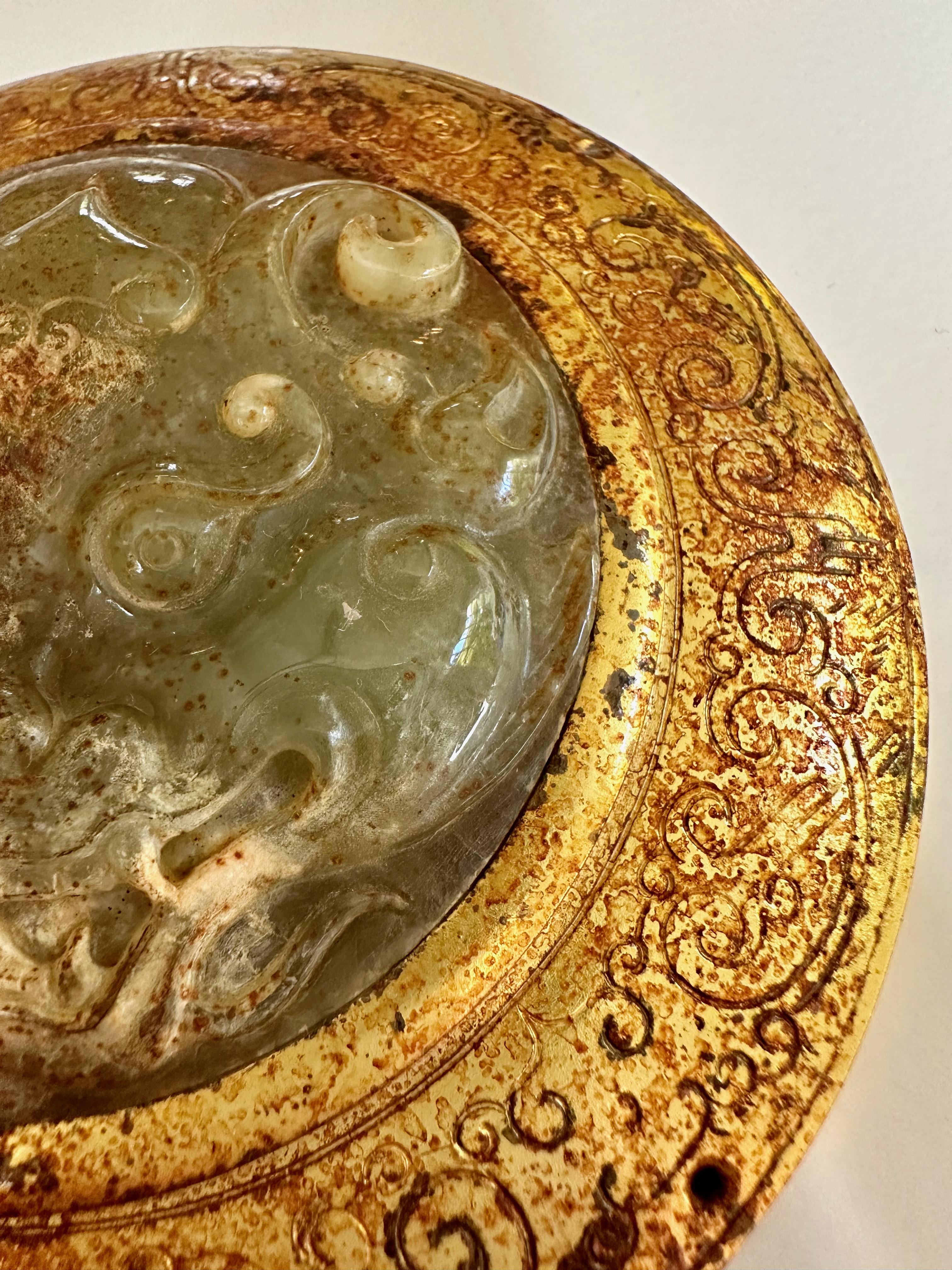 Hand-Carved Han Dynasty Jade and Gilt Bronze Pendant with Taotie Mask For Sale