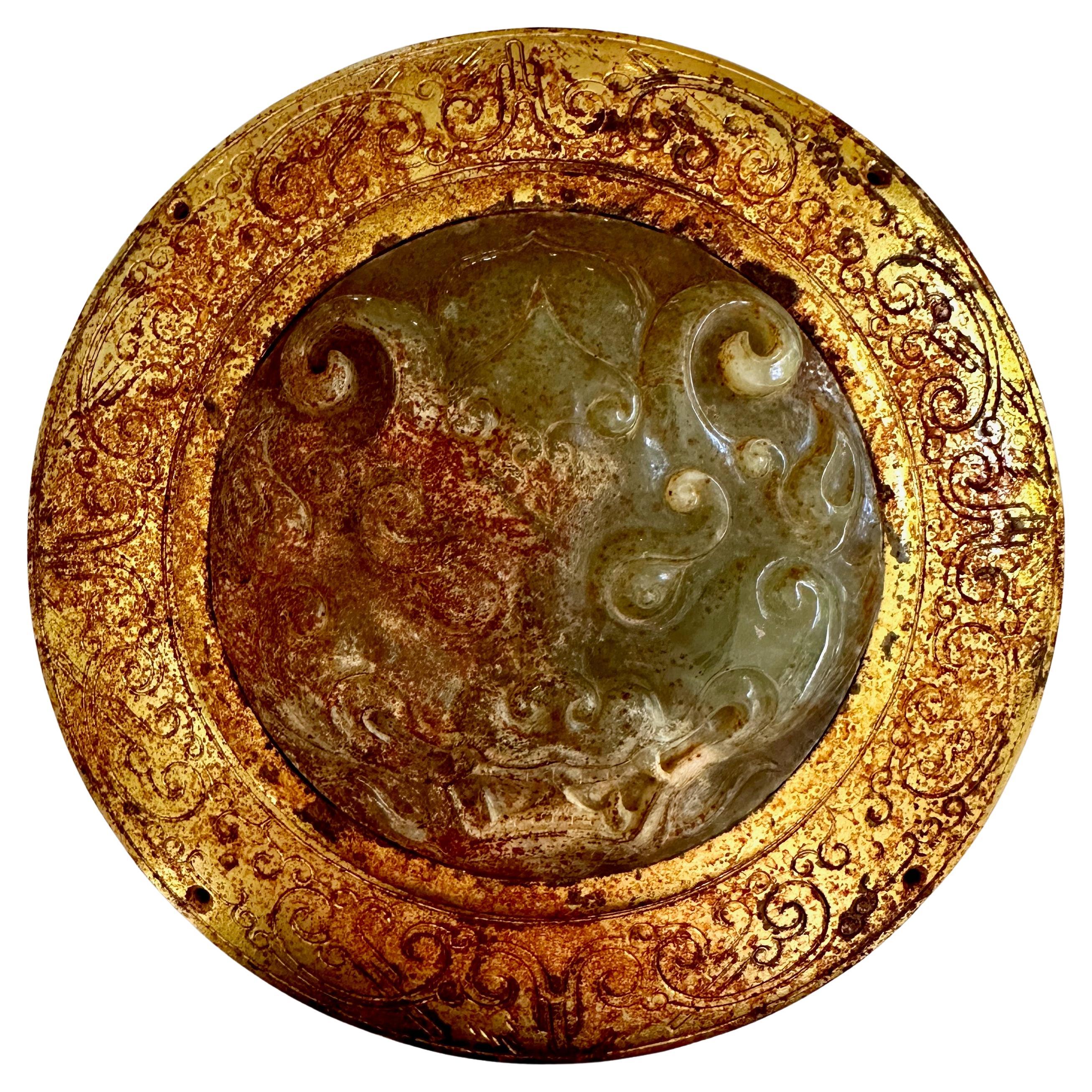 Han Dynasty Jade and Gilt Bronze Pendant with Taotie Mask