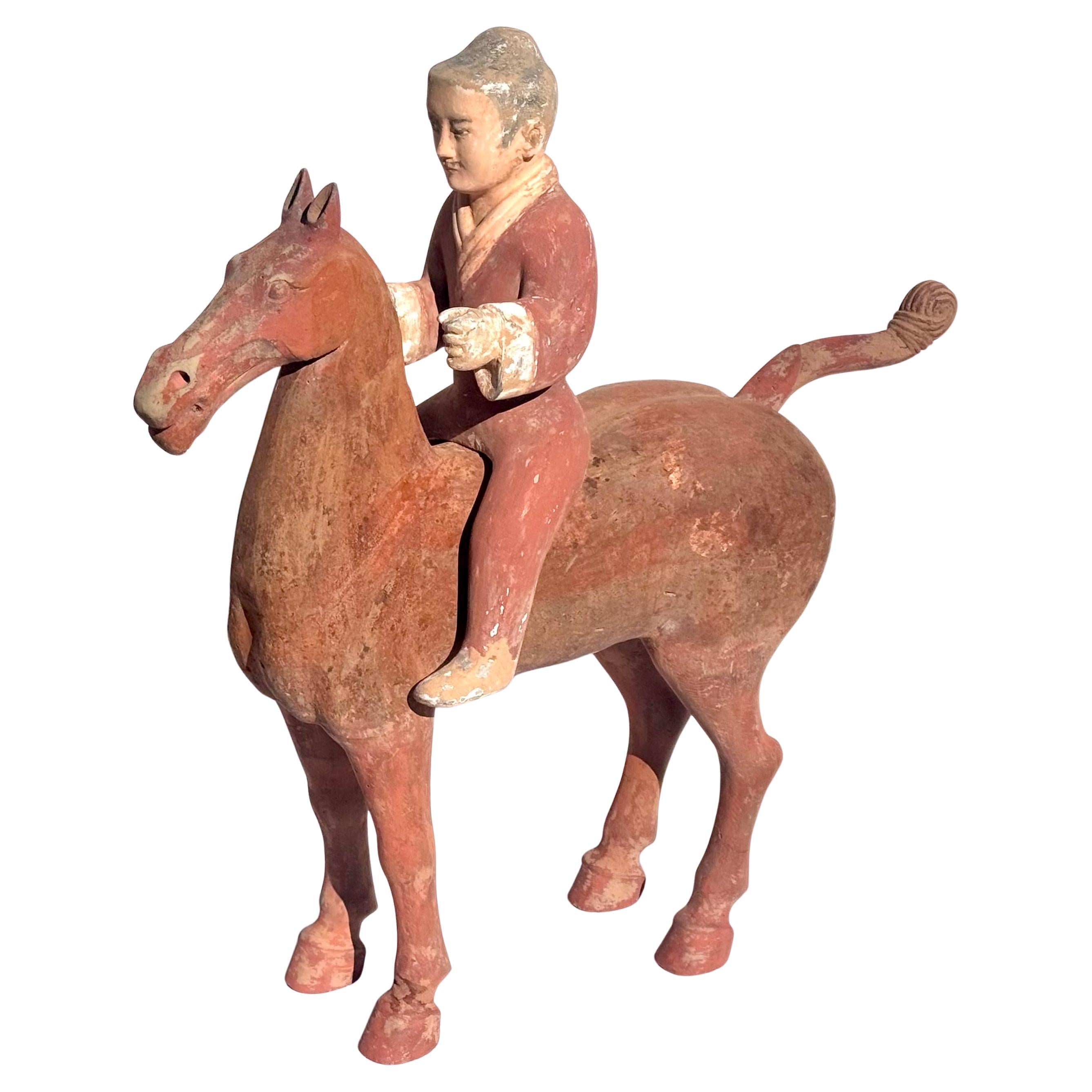 Han Dynasty Painted Pottery Horse And Detachable Rider. For Sale