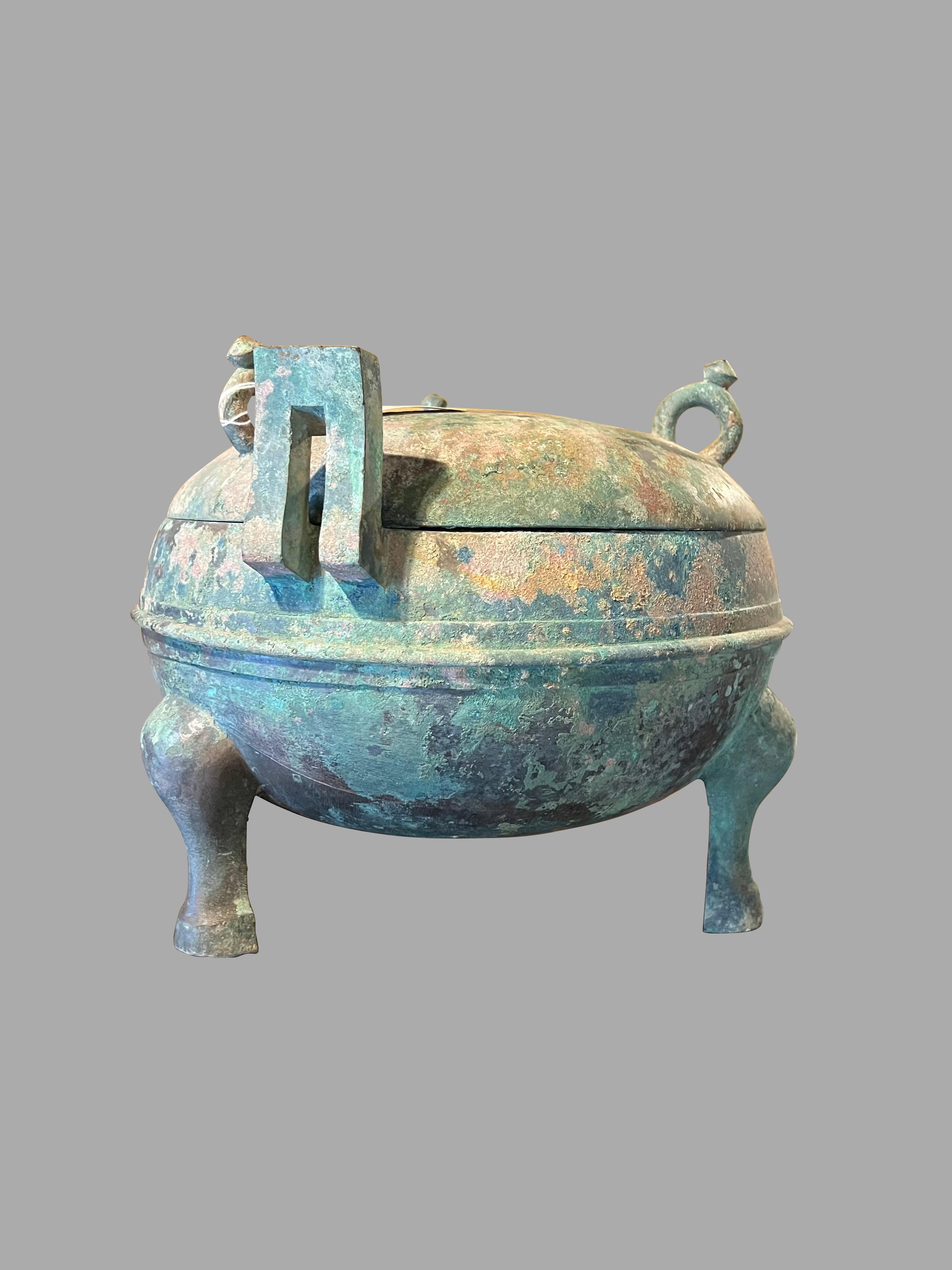 Chinese Han Dynasty Patinated  Bronze Covered Bowl Provenance: Axel Vervoordt 2