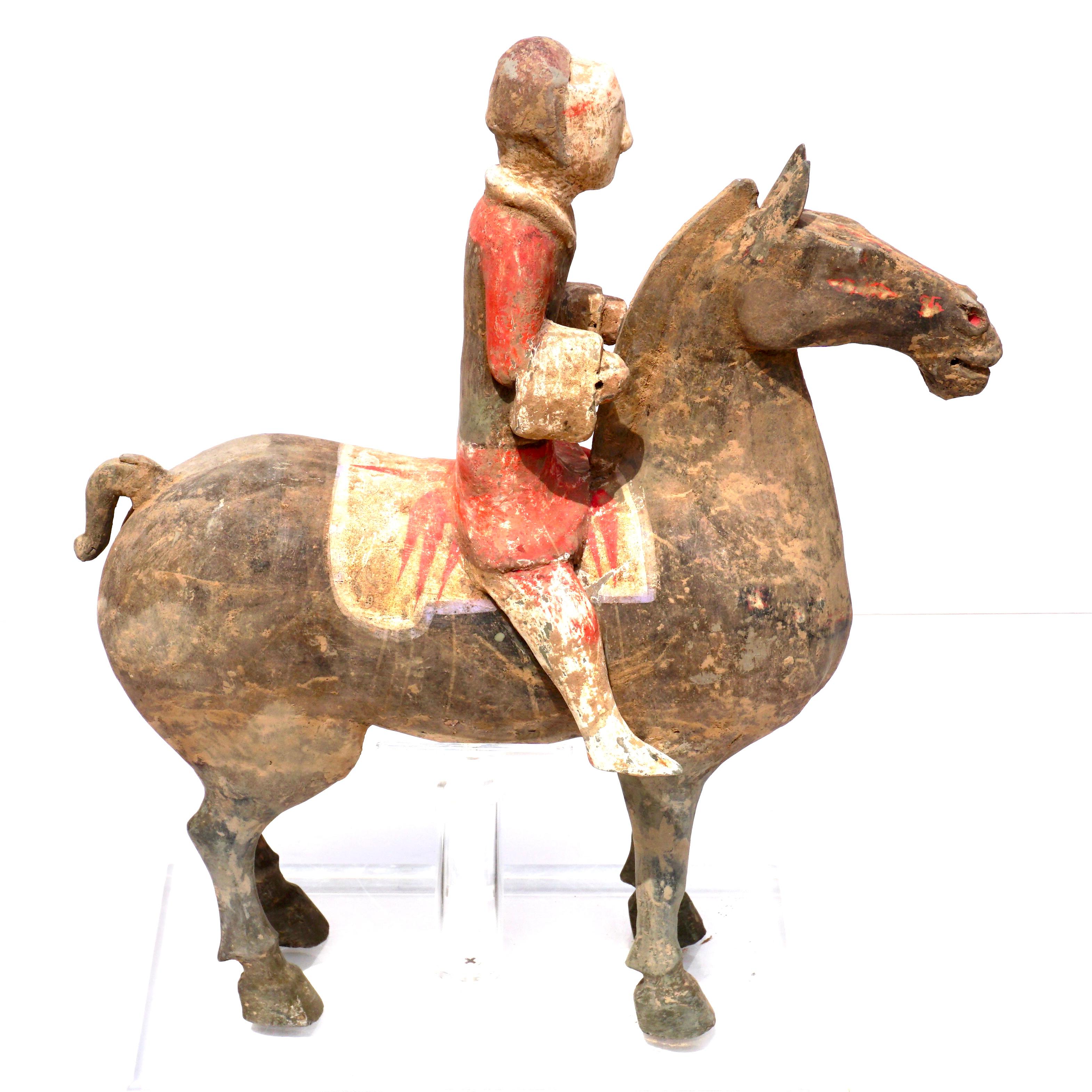 Chinese Han Dynasty Polychromed Horse and Rider For Sale