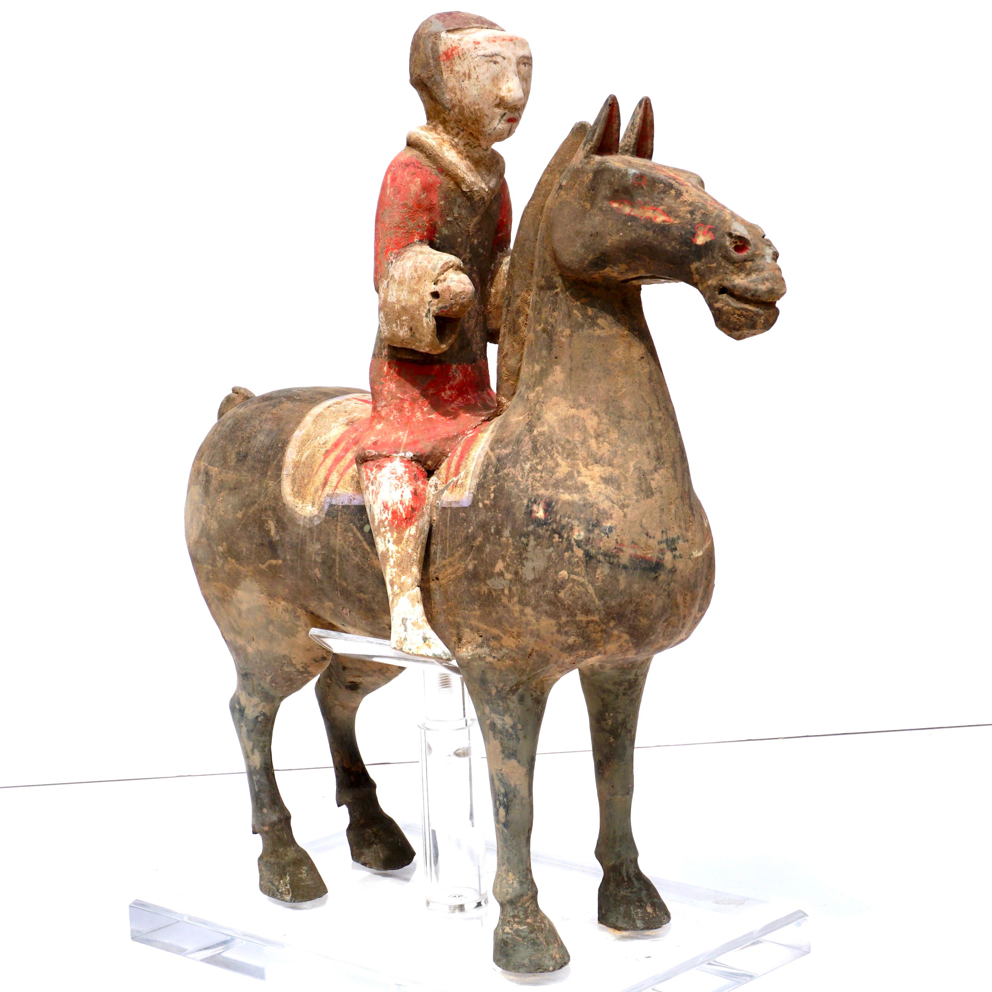 Hand-Painted Han Dynasty Polychromed Horse and Rider For Sale