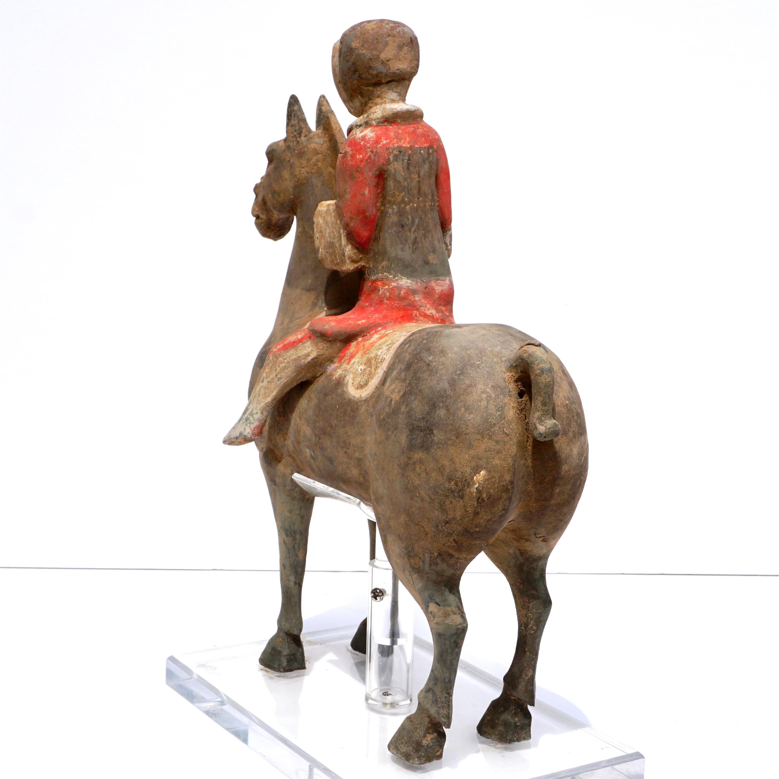 18th Century and Earlier Han Dynasty Polychromed Horse and Rider For Sale
