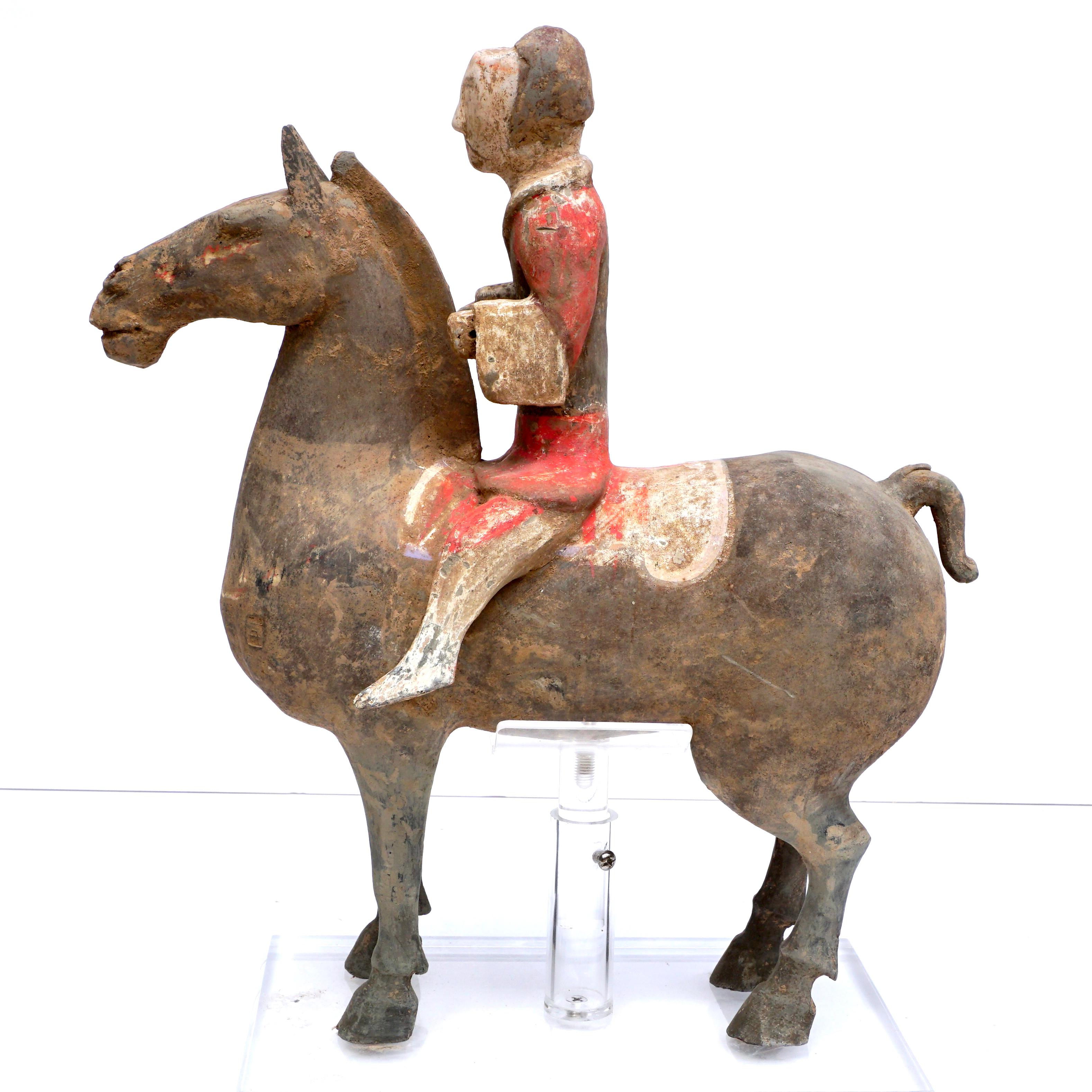 Terracotta Han Dynasty Polychromed Horse and Rider For Sale