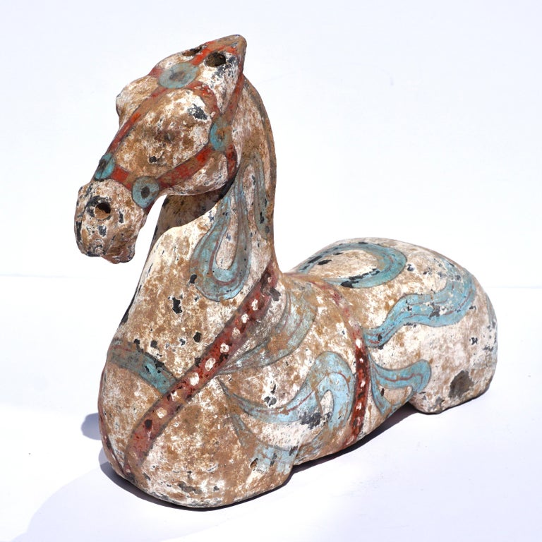 Hand-Crafted Han Dynasty Polychromed Pottery Horse For Sale