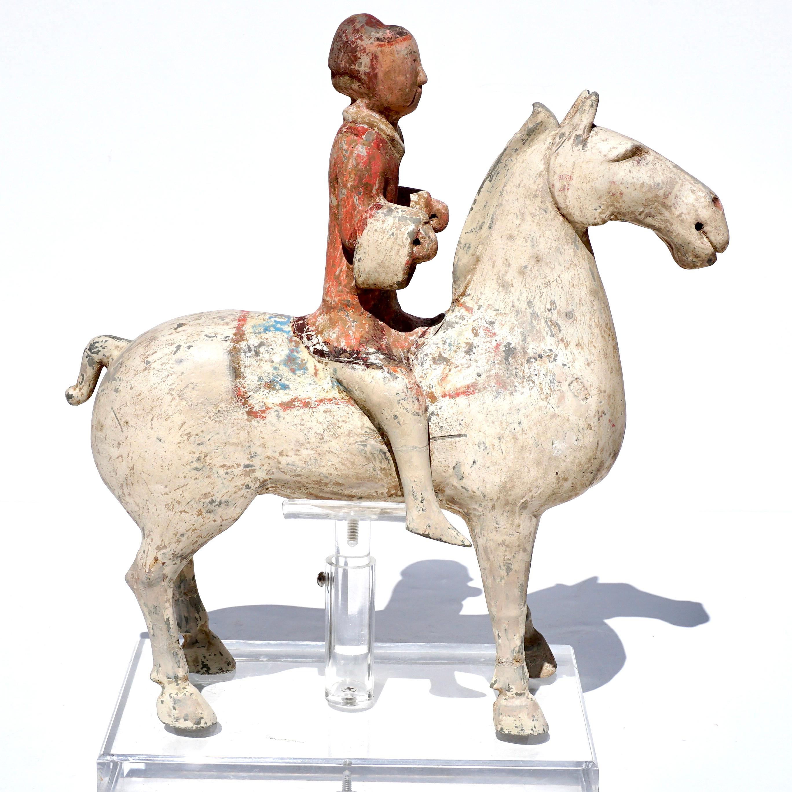 Hand-Crafted Han Dynasty Pottery Horse and Rider For Sale