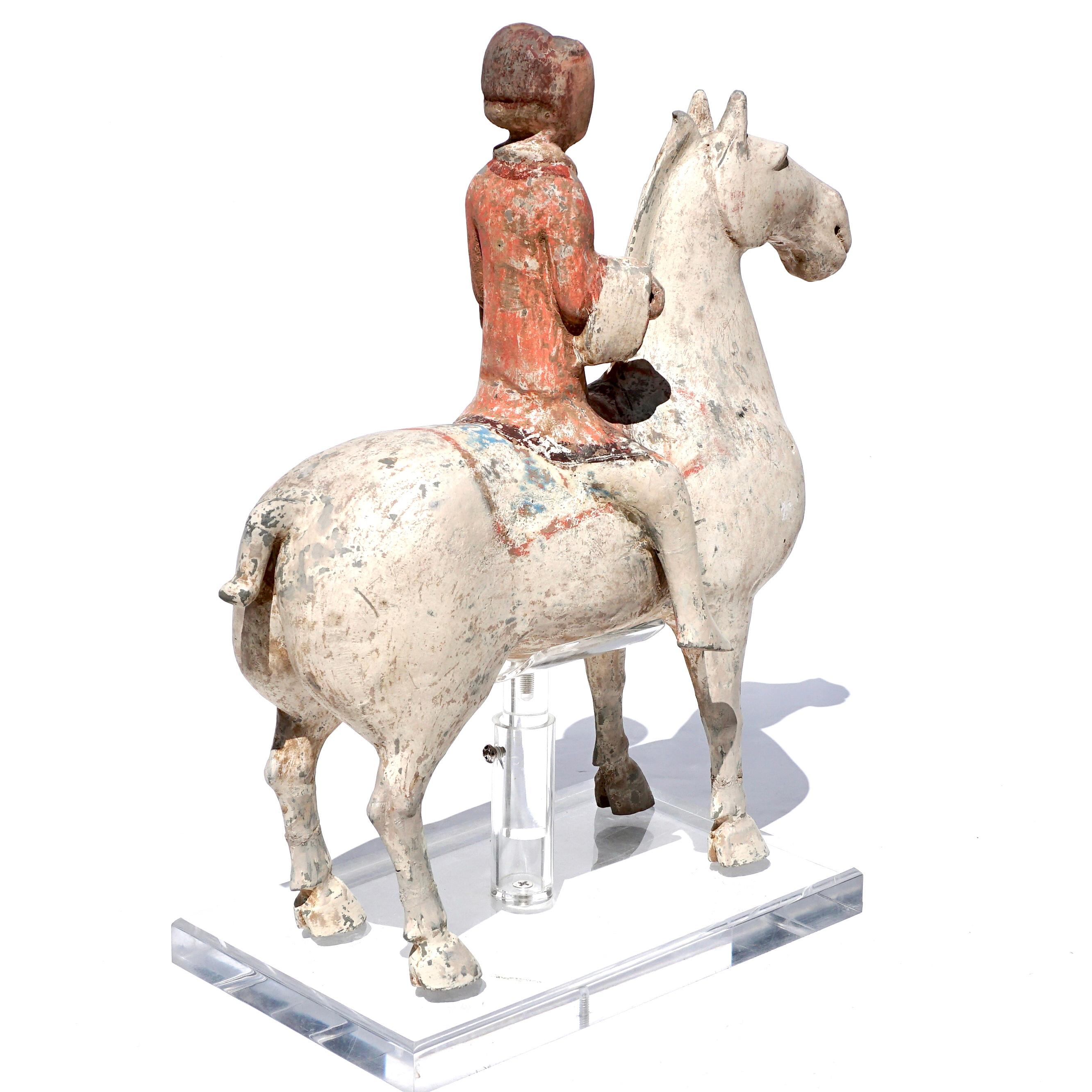 Han Dynasty Pottery Horse and Rider In Good Condition For Sale In Dallas, TX