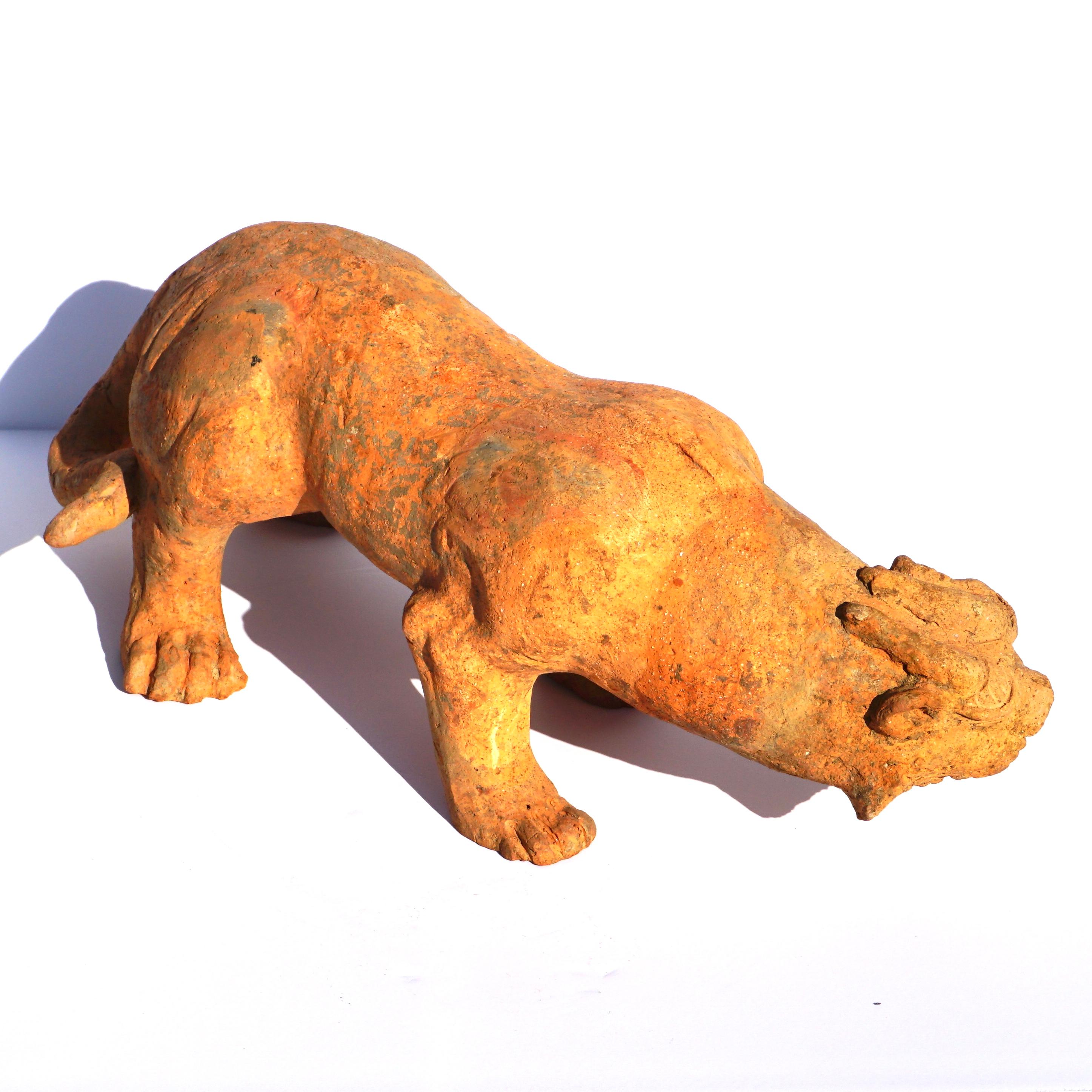 Han Dynasty Pottery Sculpture of a Winged Lion Bixie Mythical Beast TL Tested In Good Condition For Sale In Dallas, TX