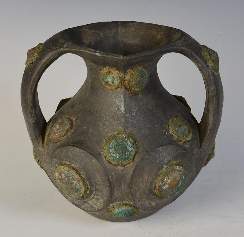 Han Dynasty, Rare Antique Chinese Pottery Amphora Decorated with Bronze Ornament For Sale 5