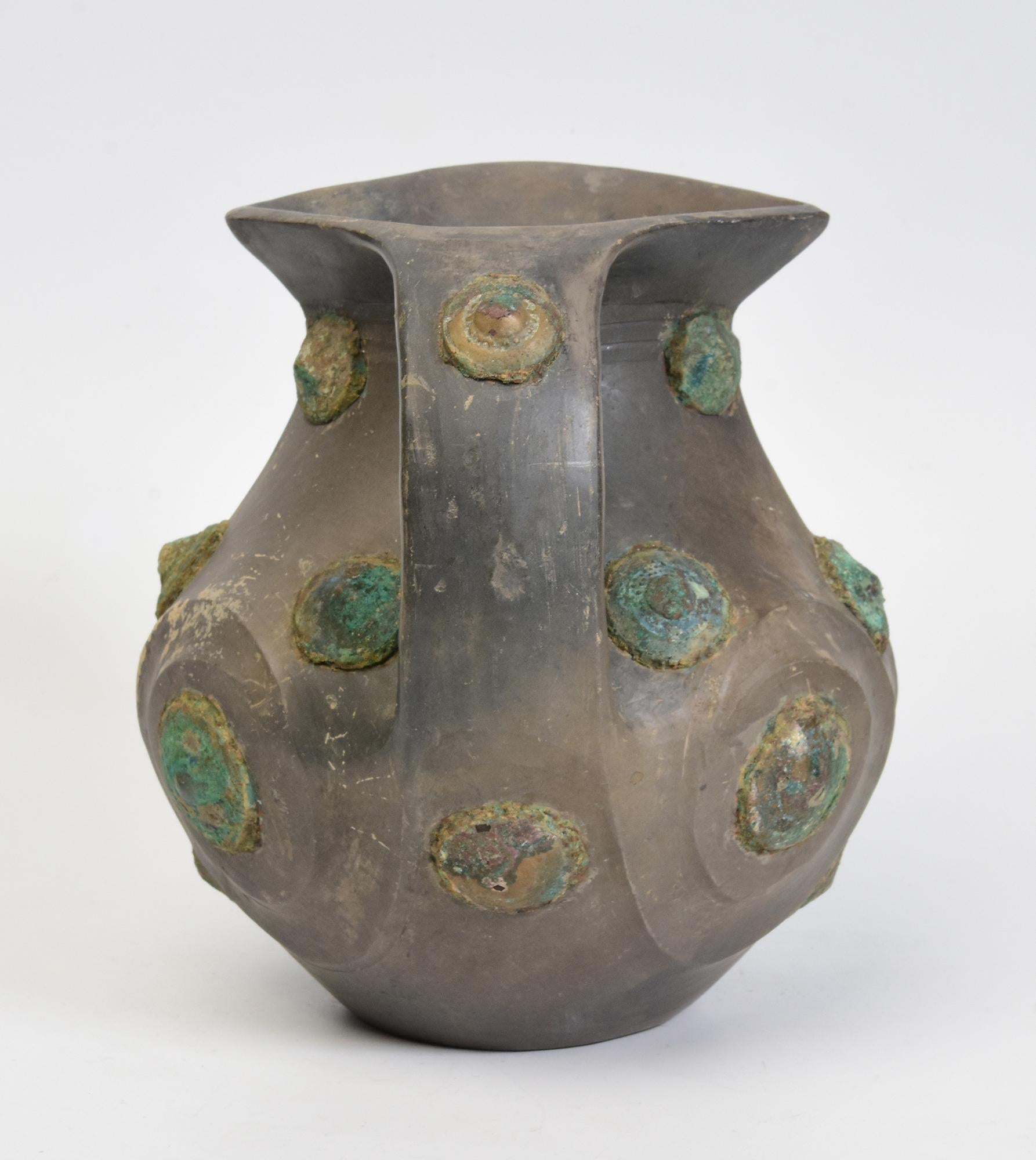 Han Dynasty, Rare Antique Chinese Pottery Amphora Decorated with Bronze Ornament For Sale 6
