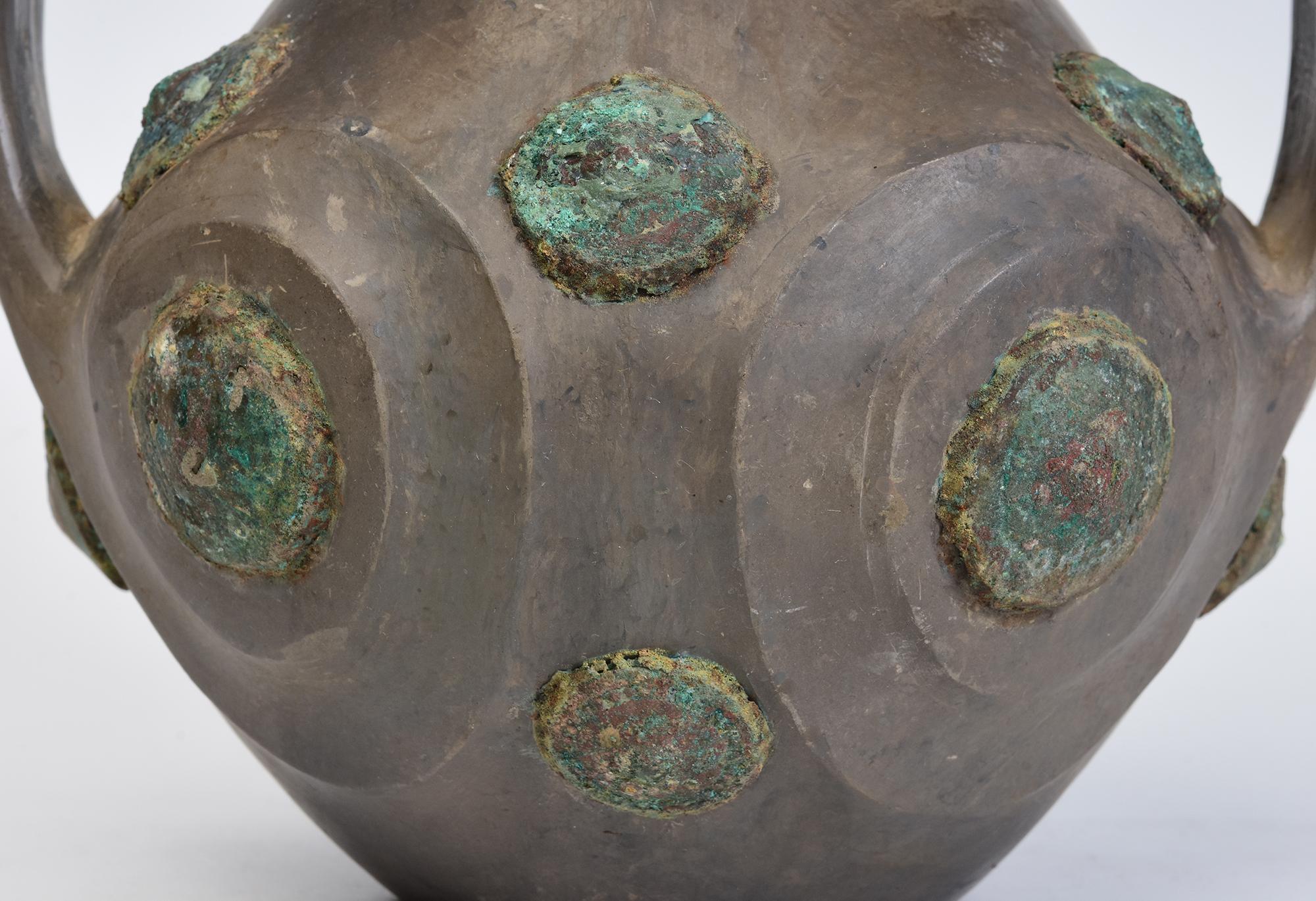 18th Century and Earlier Han Dynasty, Rare Antique Chinese Pottery Amphora Decorated with Bronze Ornament For Sale